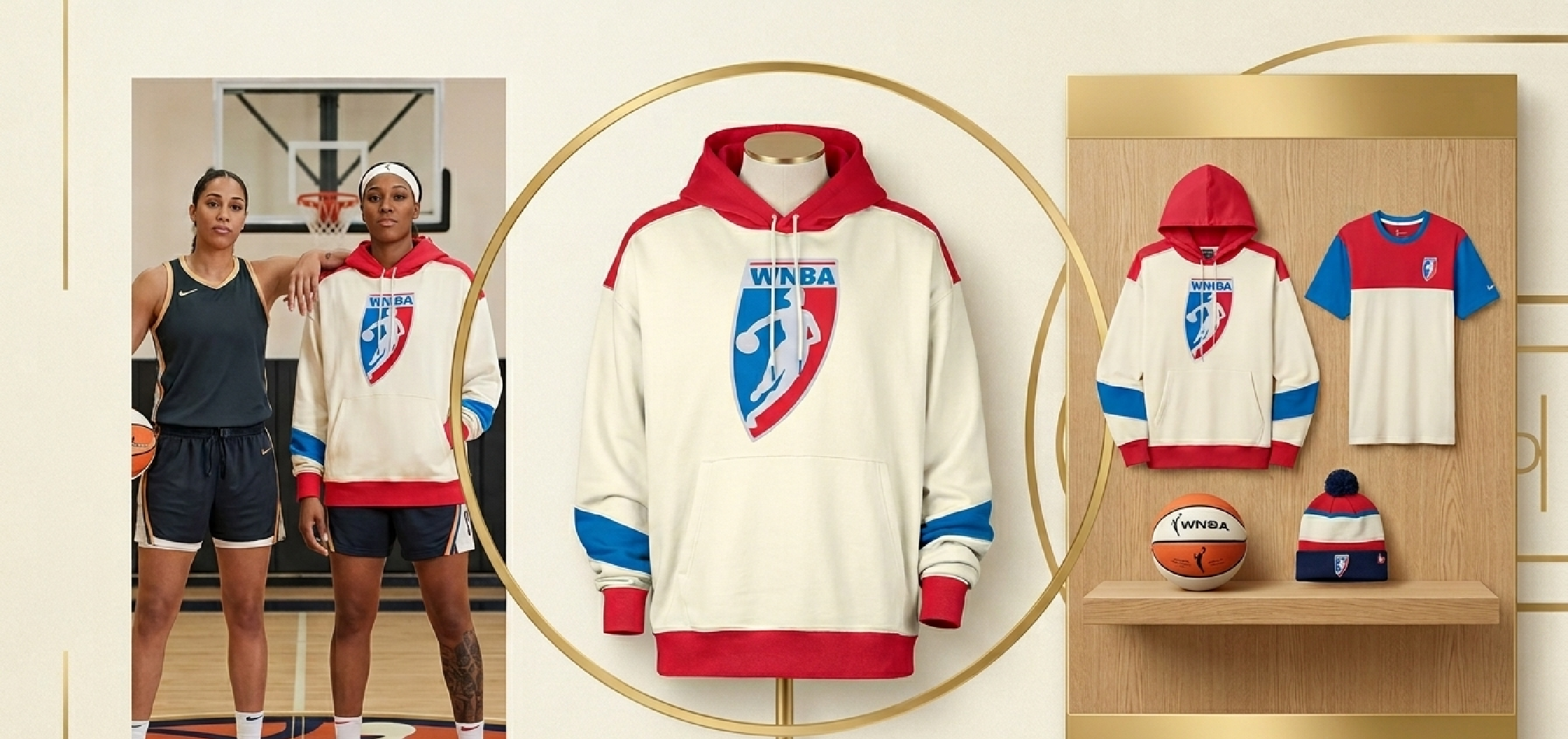 WNBA Legends Basketball Shield Logo Graphic Cream Color Block Oversized Pullover Hoodie with red and blue accents