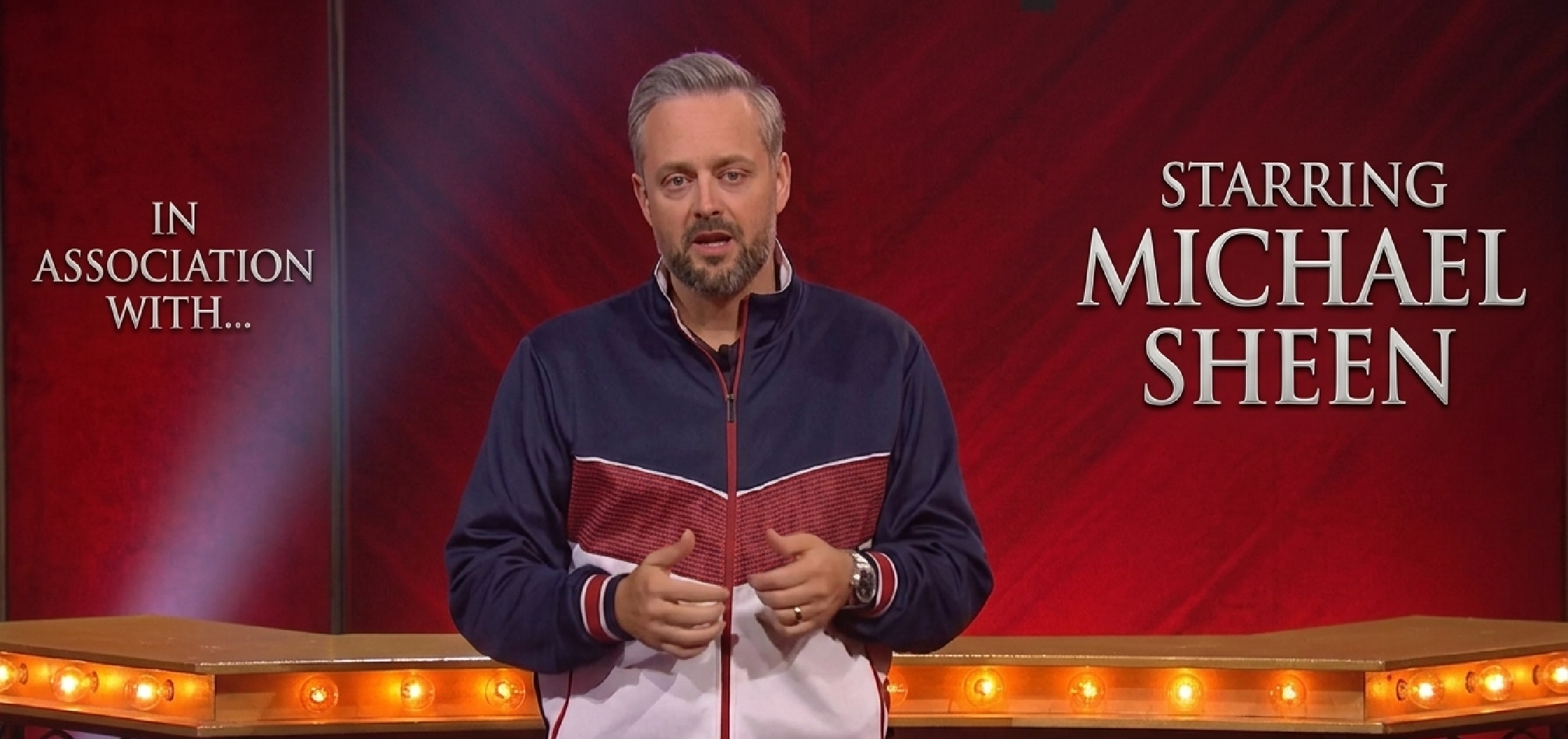 Nate Bargatze inspired retro tracksuit in navy white and red with chevron jacket and tapered pants