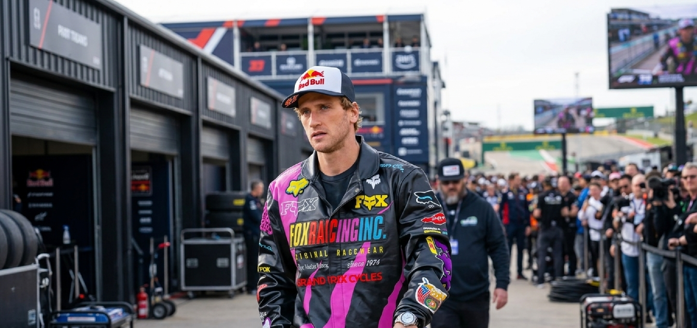 Ken Roczen retro Fox Racing jacket in black leather with neon pink lightning graphics, motocross-inspired bomber style with vintage racing patches