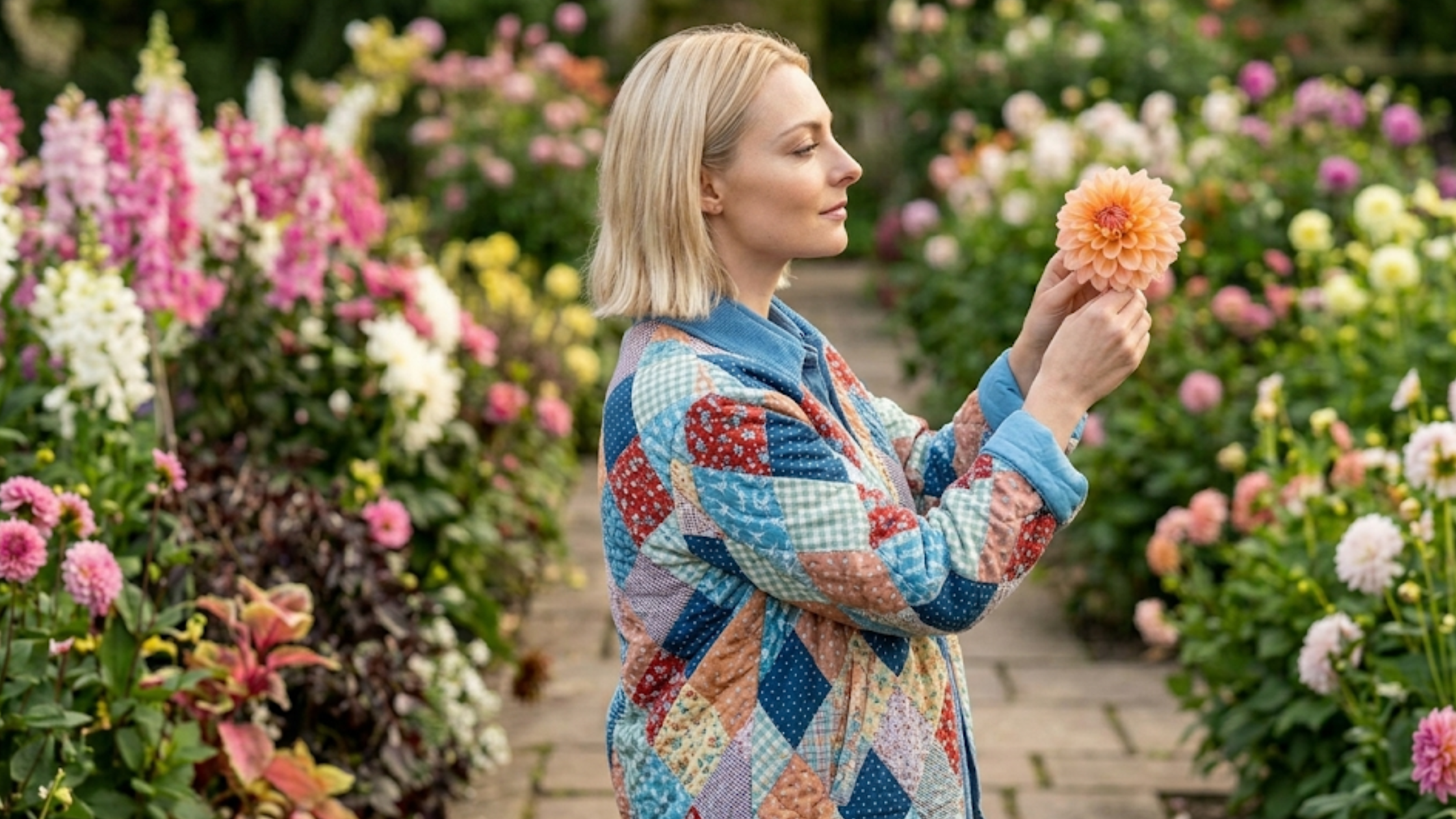 Alice Grosse Pointe Garden Society 2025 multicolor patchwork jacket with diamond quilted panels and vintage-inspired patterned design