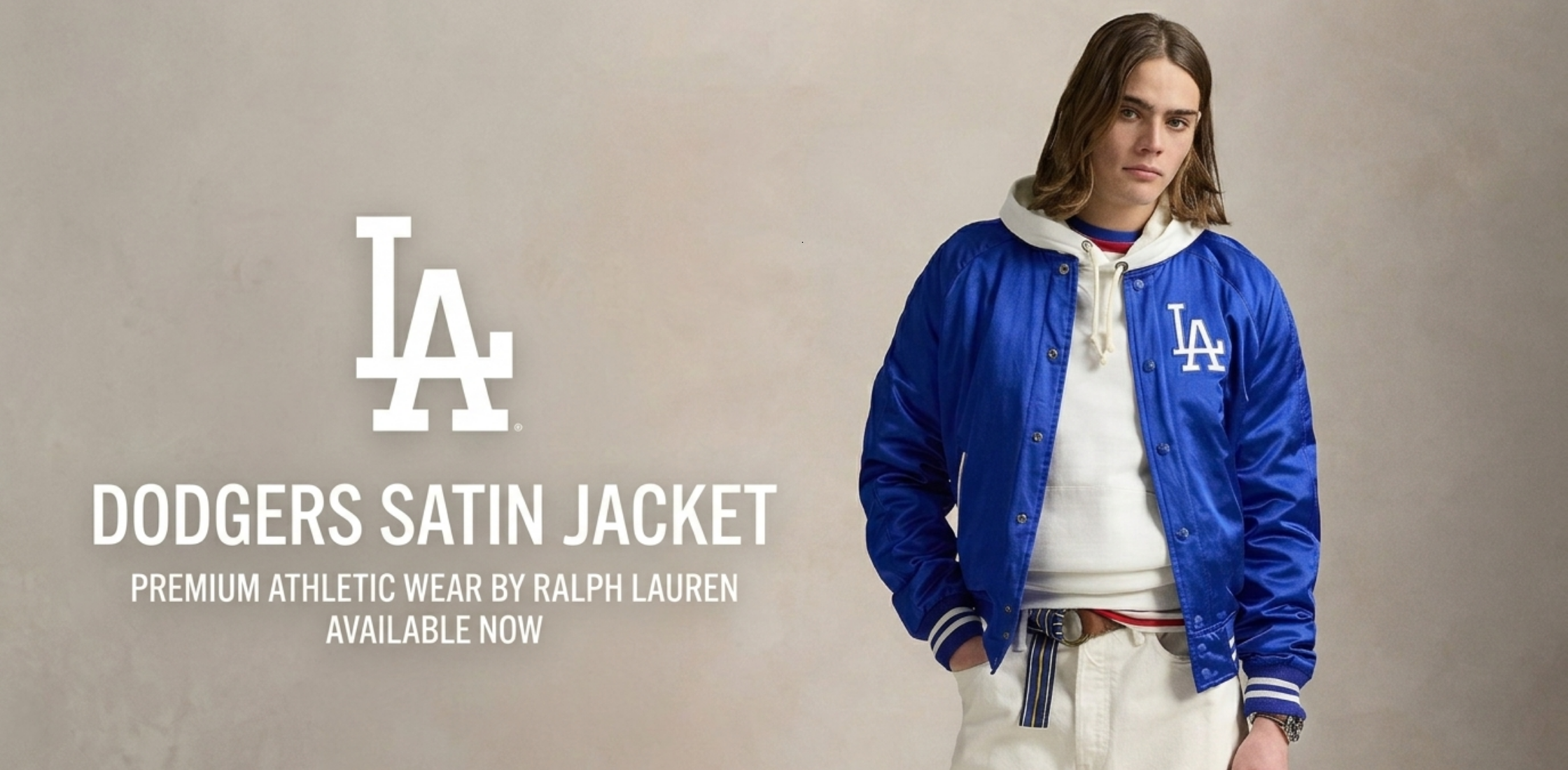 Dodgers Polo Ralph Lauren royal blue satin bomber jacket with white LA logo, striped rib-knit trims, snap-button front, and varsity-inspired streetwear design.