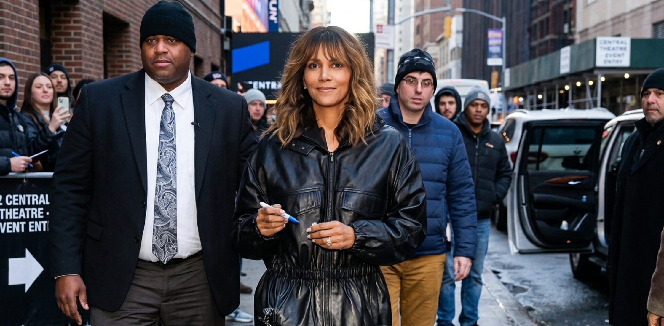 Crime 101 Halle Berry black leather jacket with smocked waist and funnel neck design