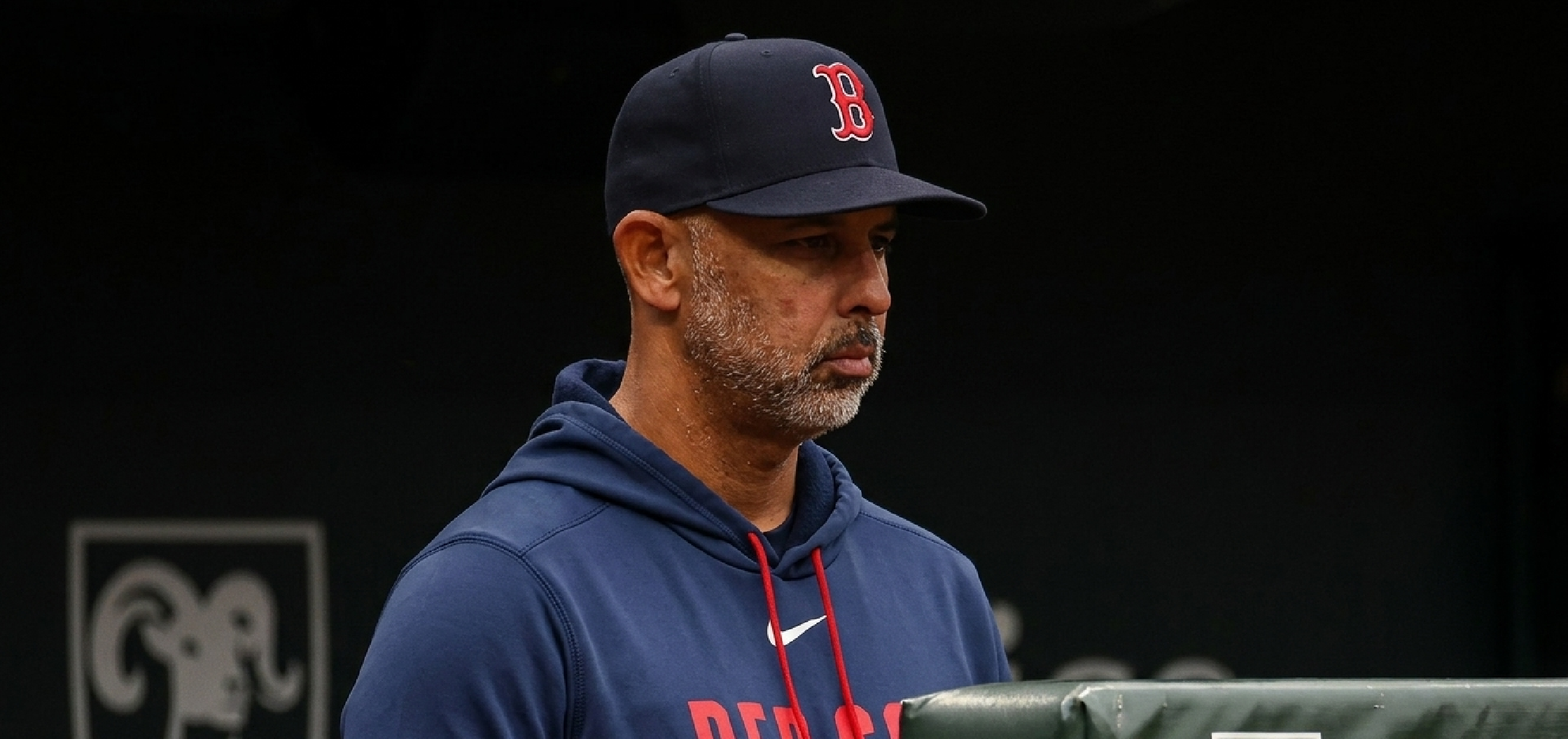 Alex Cora Boston Red Sox vs Baltimore Orioles pullover hoodie navy blue baseball fan apparel with Red Sox stack logo