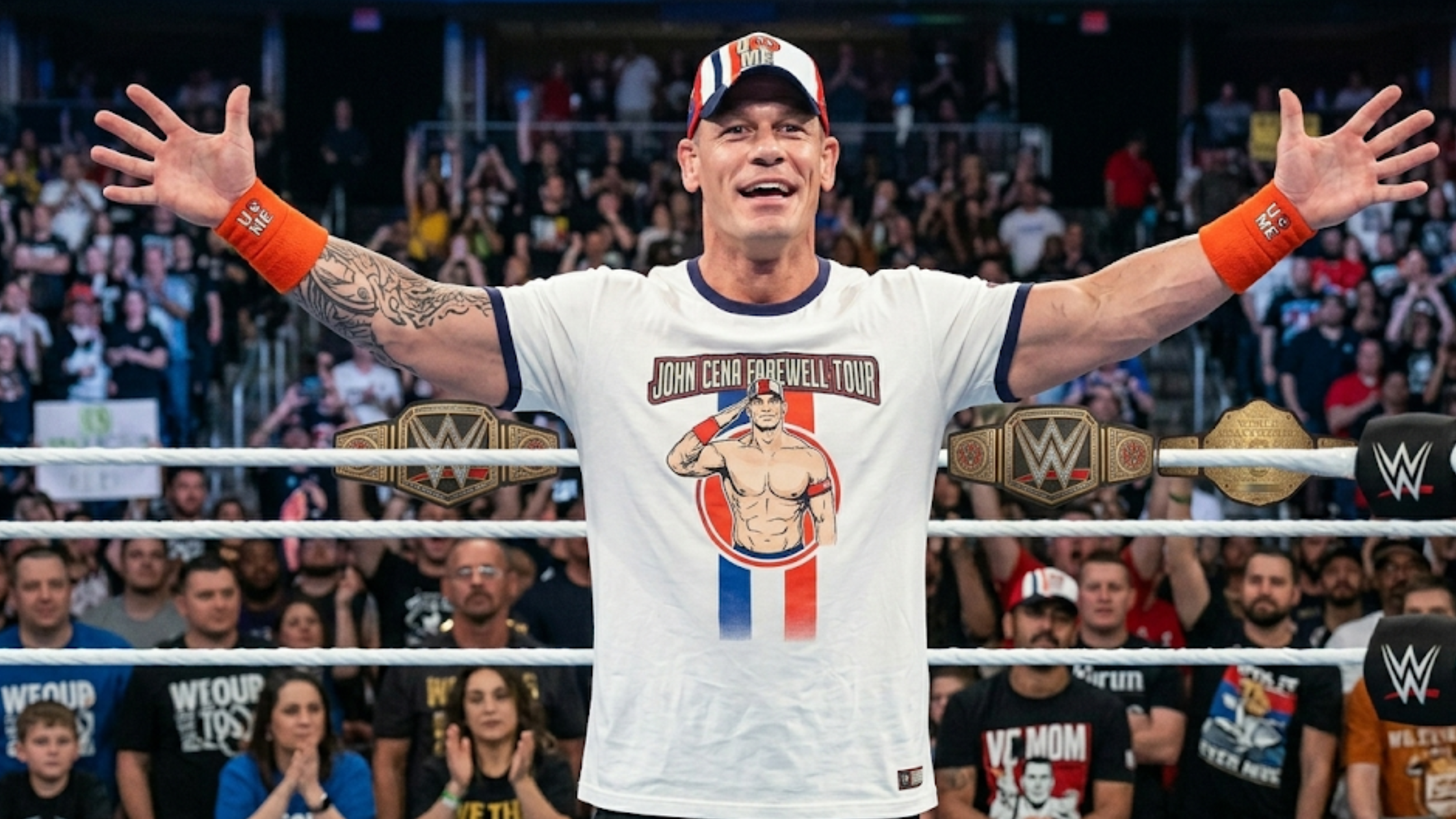 John Cena Farewell Tour 2025 Lyon white ringer t-shirt with saluting graphic, navy trim, and red blue sleeve slogan design