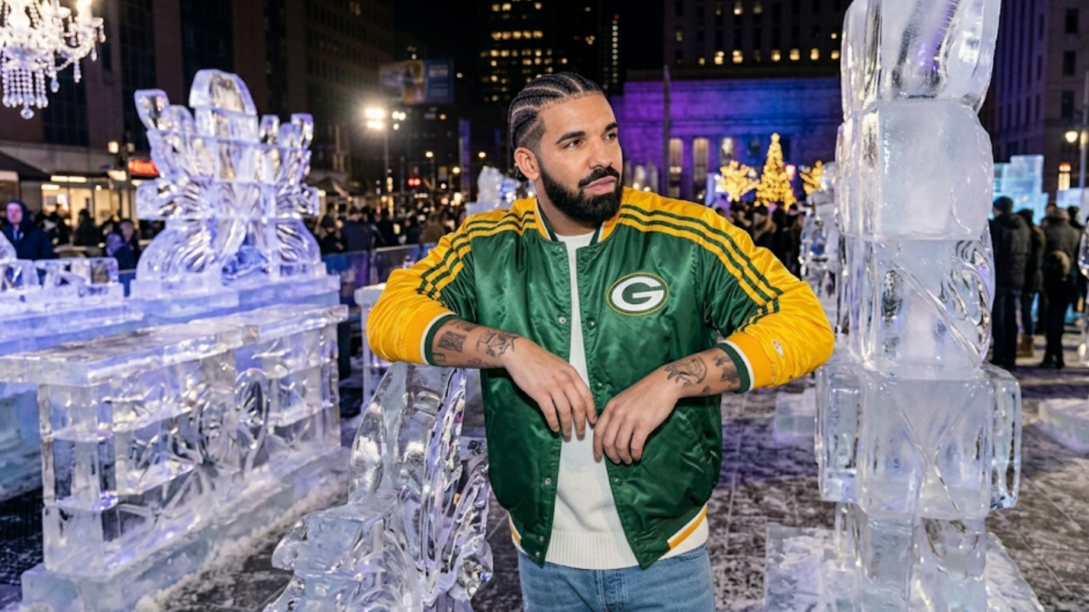 Drake Green Bay Packers green satin bomber jacket with gold raglan sleeves, embroidered Packers logo, and striped ribbed trim detail