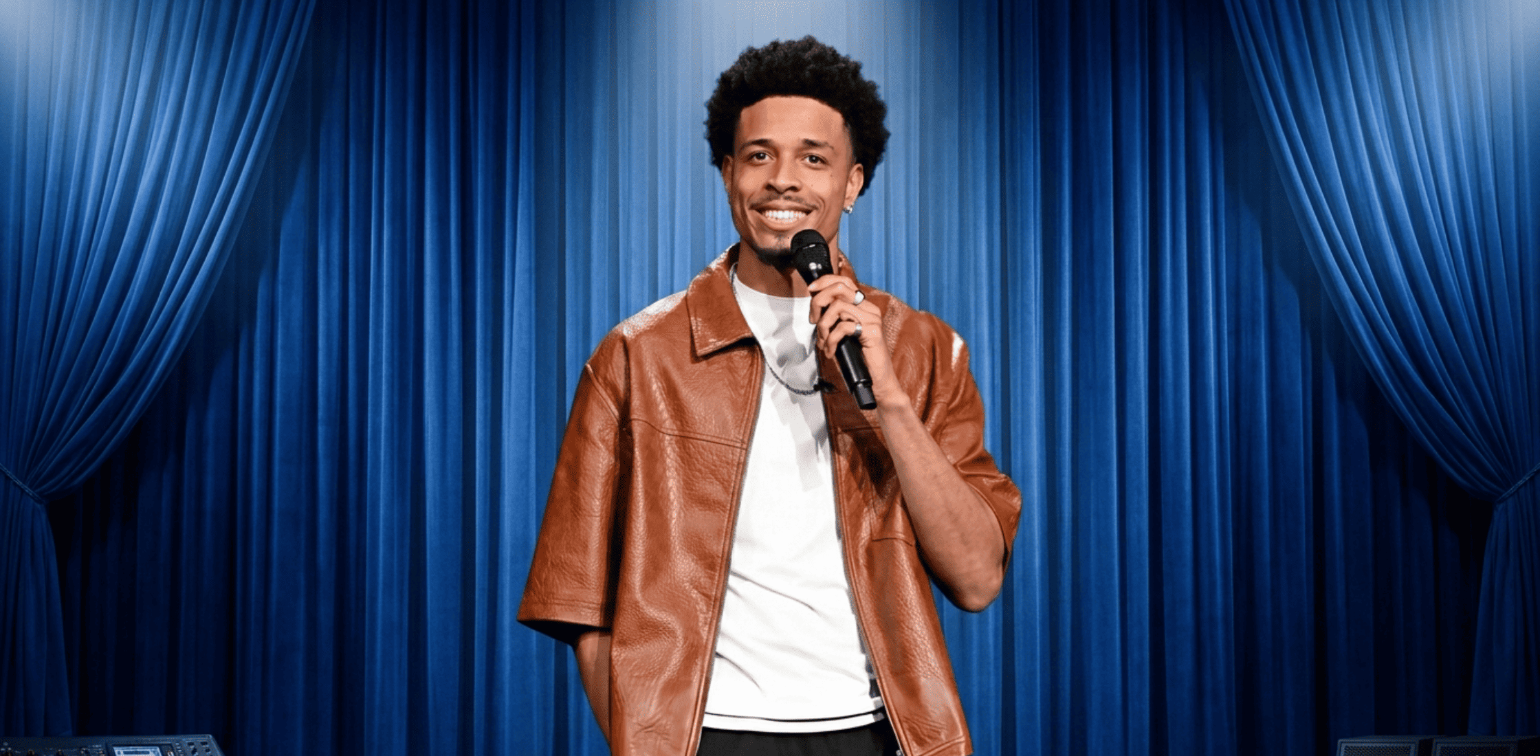 Ontonio Kareem wearing cognac brown leather shirt-jacket on The Tonight Show Starring Jimmy Fallon Season 13 backstage appearance