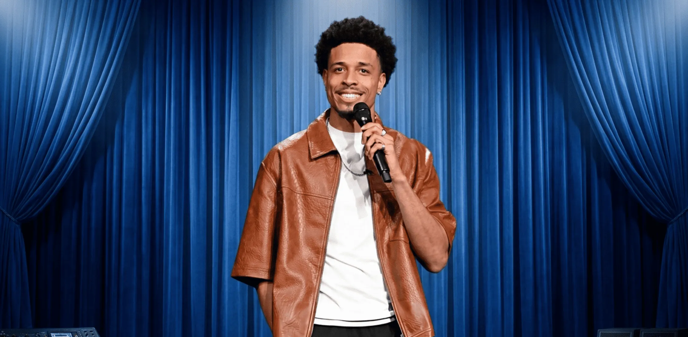 Ontonio Kareem wearing cognac brown leather shirt-jacket on The Tonight Show Starring Jimmy Fallon Season 13 backstage appearance