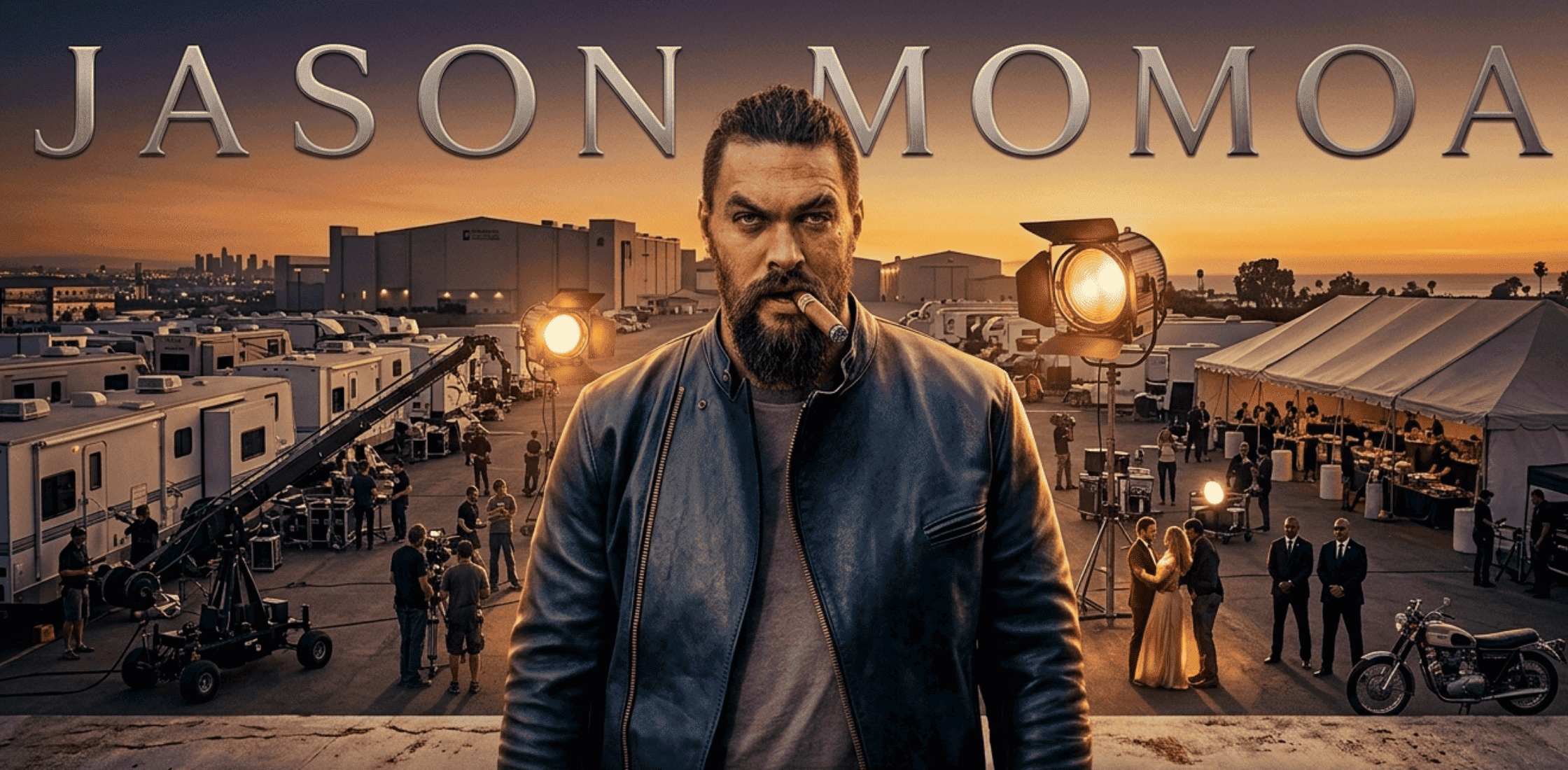 Jason Momoa Supergirl 2026 Black leather café racer jacket with mandarin collar and gold zipper cinematic Lobo inspired outerwear style