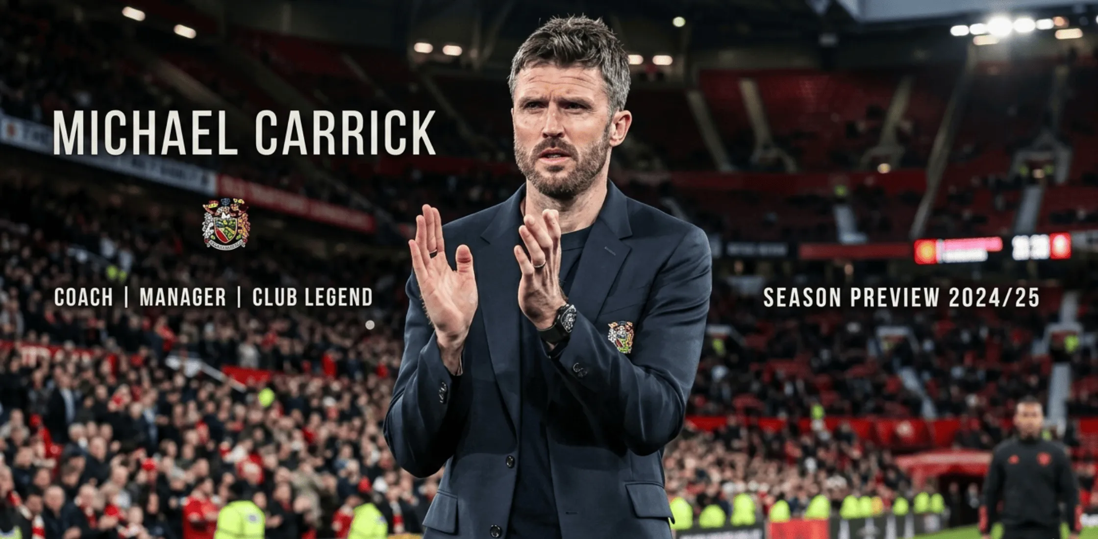 Michael Carrick-inspired navy slim-fit blazer with structured shoulders, notch lapels, and two-button closure, styled for Manchester United vs Brentford Premier League matchday elegance