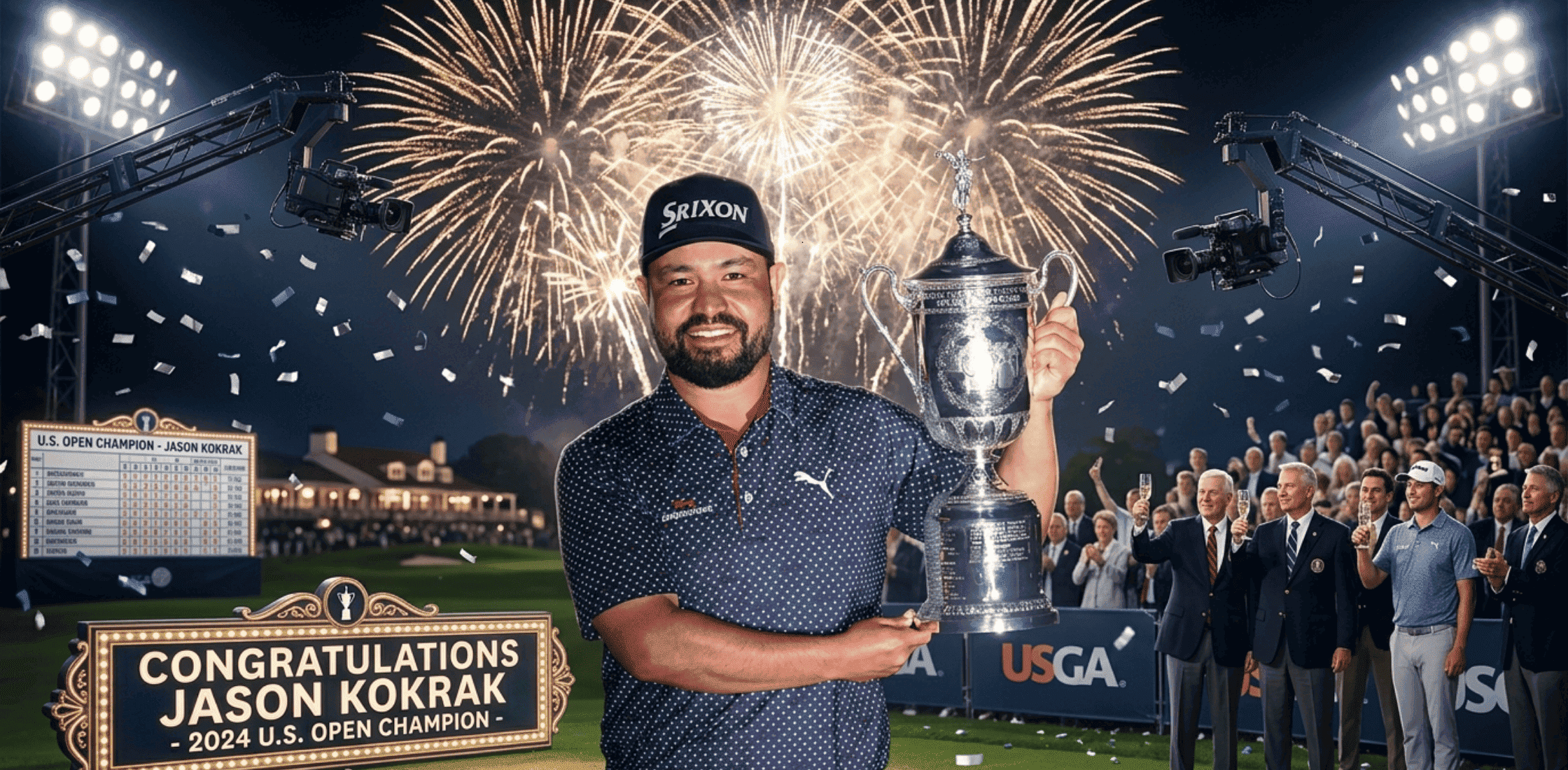 J.J. Spaun U.S. Open 2025 navy blue Puma golf polo shirt with white-red geometric dot pattern and athletic fit