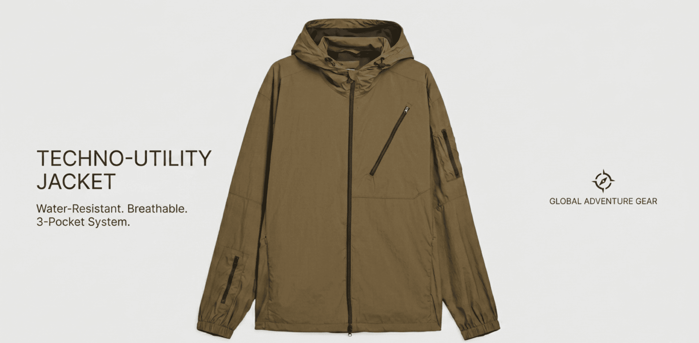 Buckstead SPZL brown technical hooded jacket with multi-pocket utility design, lightweight weather-resistant streetwear outerwear with adjustable hood and earth-tone military-inspired style