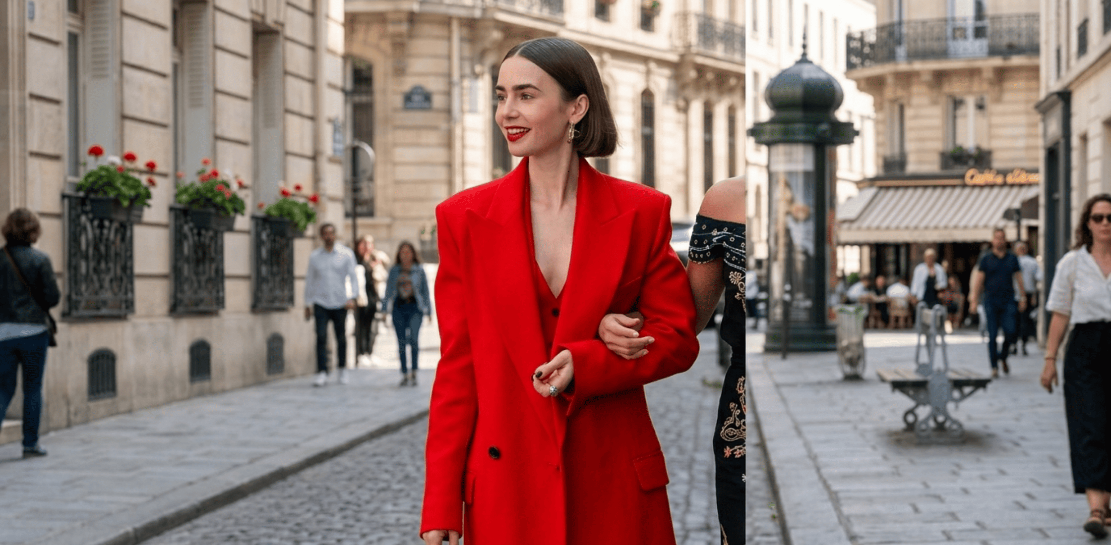 Emily in Paris Season 5 Lily Collins red wool-cashmere longline coat with bold scarlet color and tailored Parisian design