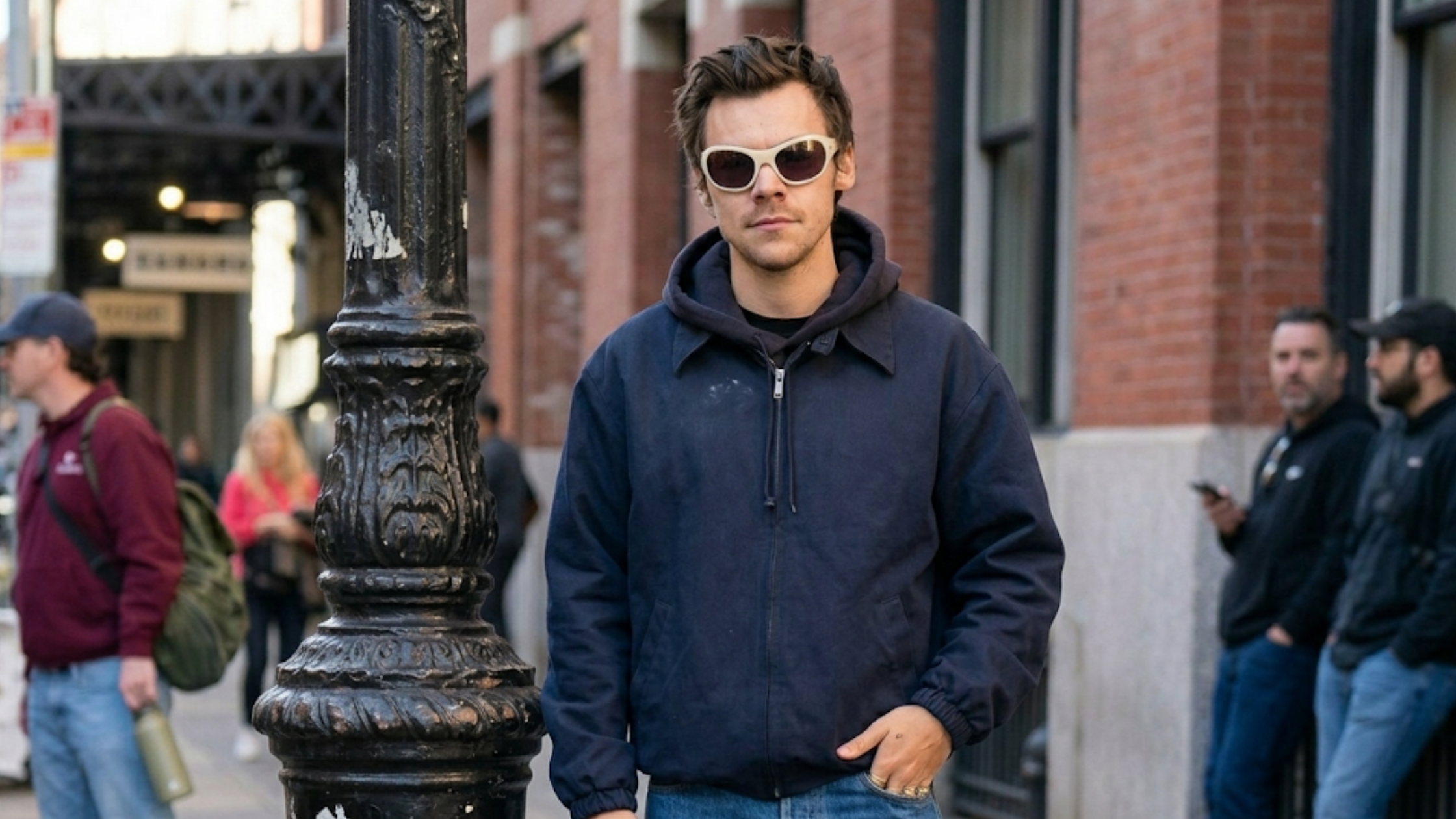 Harry Styles NYC 2026 navy blue cotton twill jacket with pointed collar and zipper closure