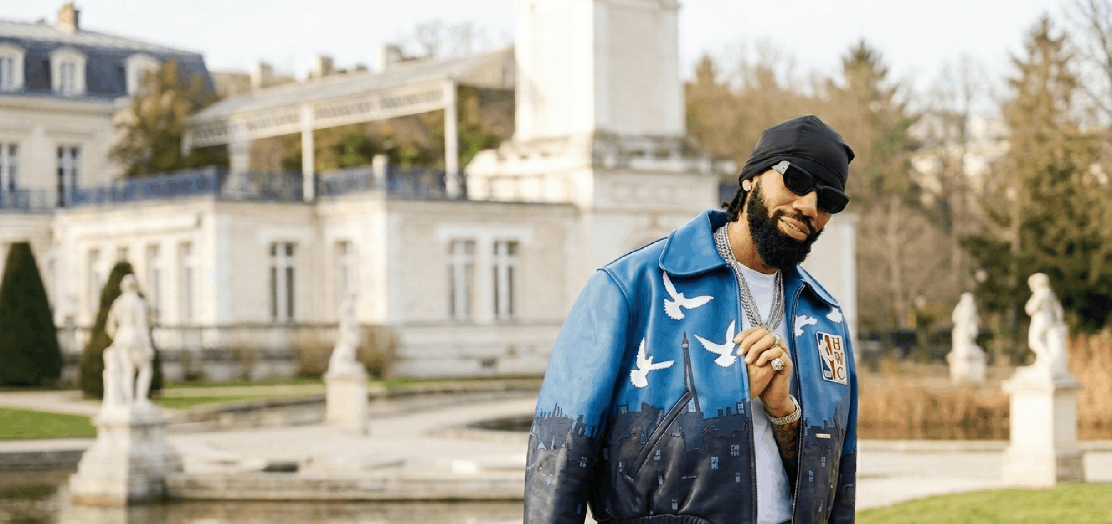 Phyno Paris Fashion Week leather bomber jacket with Paris skyline, 3D dove embroidery, NBA HWC patch, navy blue luxury streetwear design