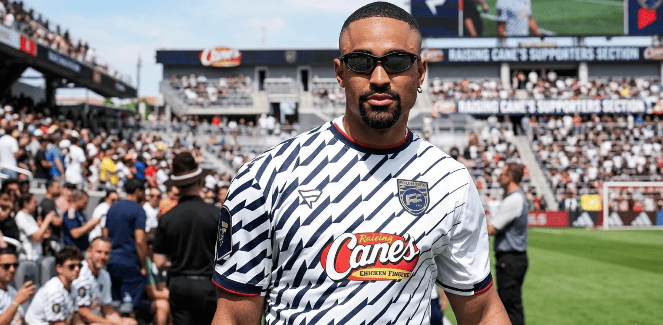 Jalen Hurts Fanatics Flag Football Classic 2026 white performance jersey with navy chevron stripes, lightning graphics, and chest crest detailing.