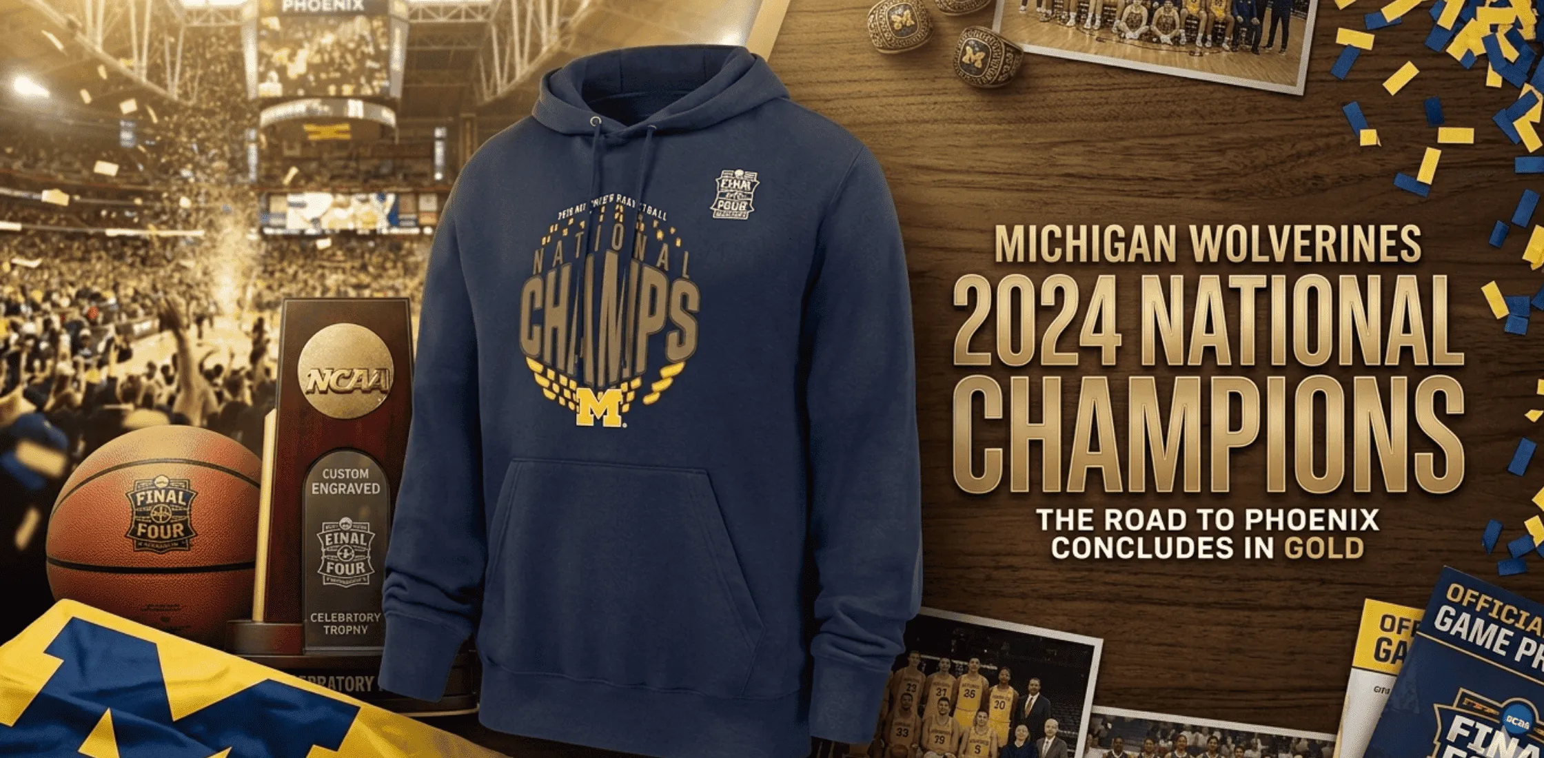 Michigan Wolverines NCAA Basketball National Champions Navy Hoodie with bold maize and gold championship graphics, “Champs” text, official NCAA Final Four Phoenix patch, and Michigan “M” logo on premium fleece streetwear design.