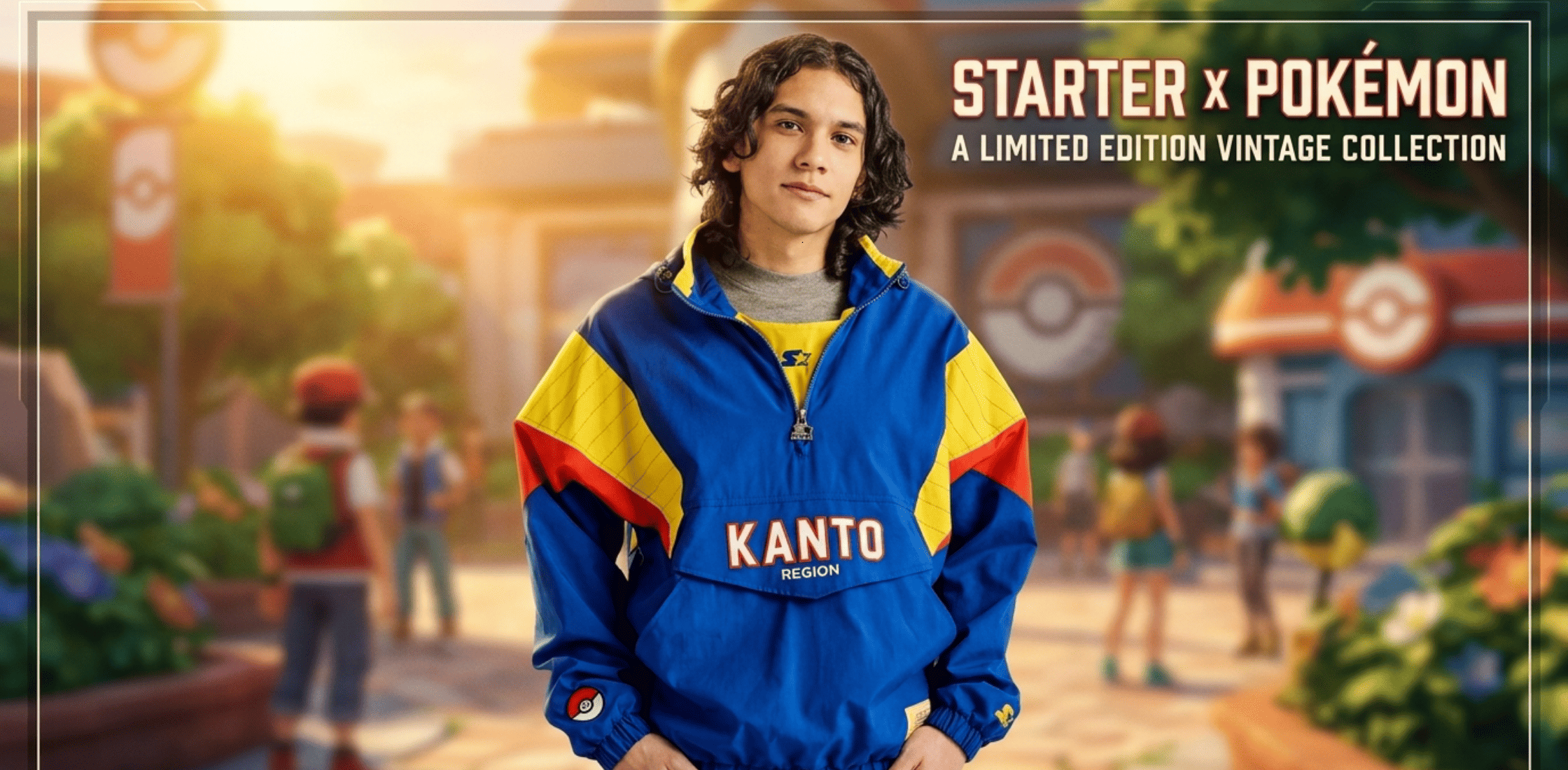 Pokémon Starter Blue Kanto Jacket featuring retro racing-inspired design with black base, gray and orange color blocking, Poké Ball sleeve detail, and streetwear styling.