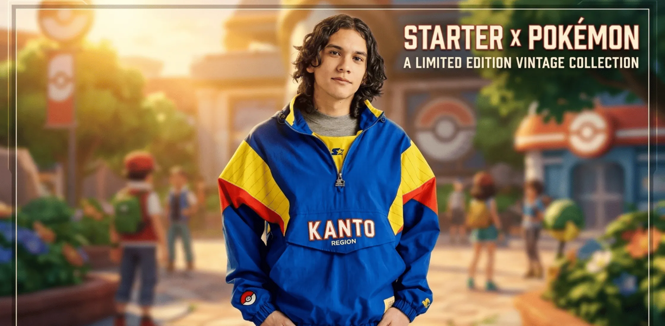 Pokémon Starter Blue Kanto Jacket featuring retro racing-inspired design with black base, gray and orange color blocking, Poké Ball sleeve detail, and streetwear styling.
