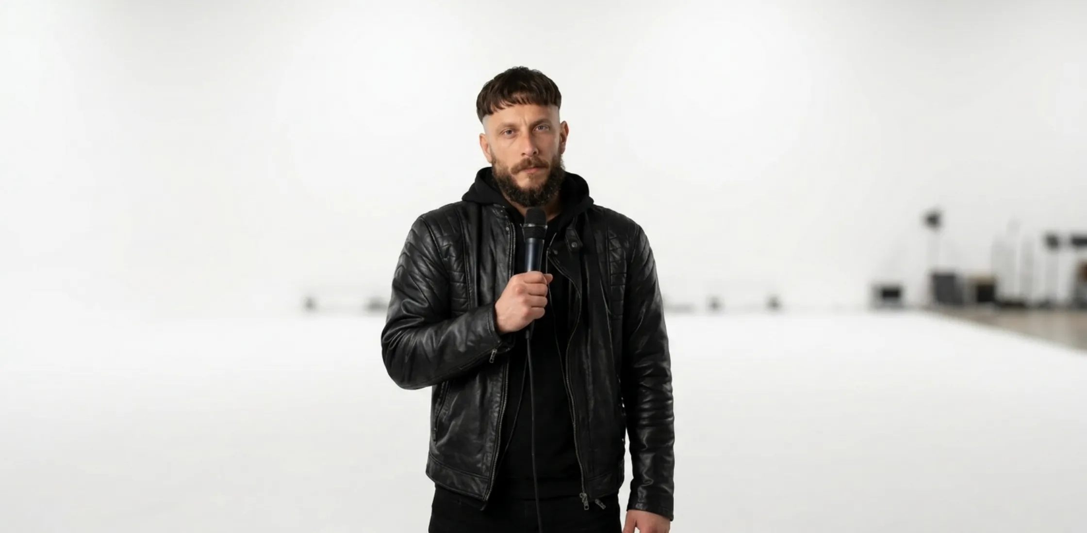 Half Man Ruben black leather biker jacket with quilted shoulders, asymmetric zip, and sleek fitted design inspired by the series style