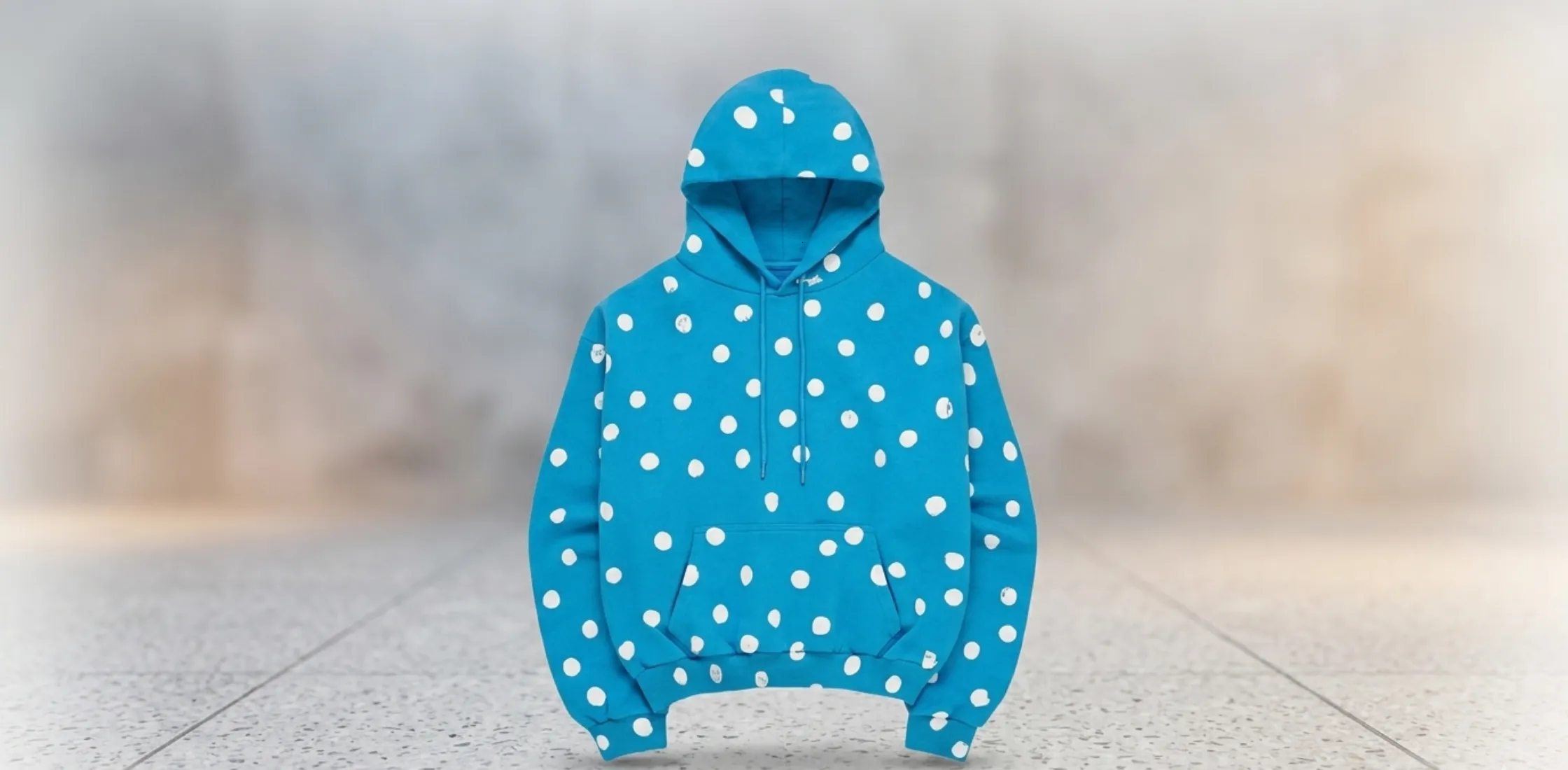 Justin Bieber blue oversized hoodie with white polka dots and Indio California back print streetwear style