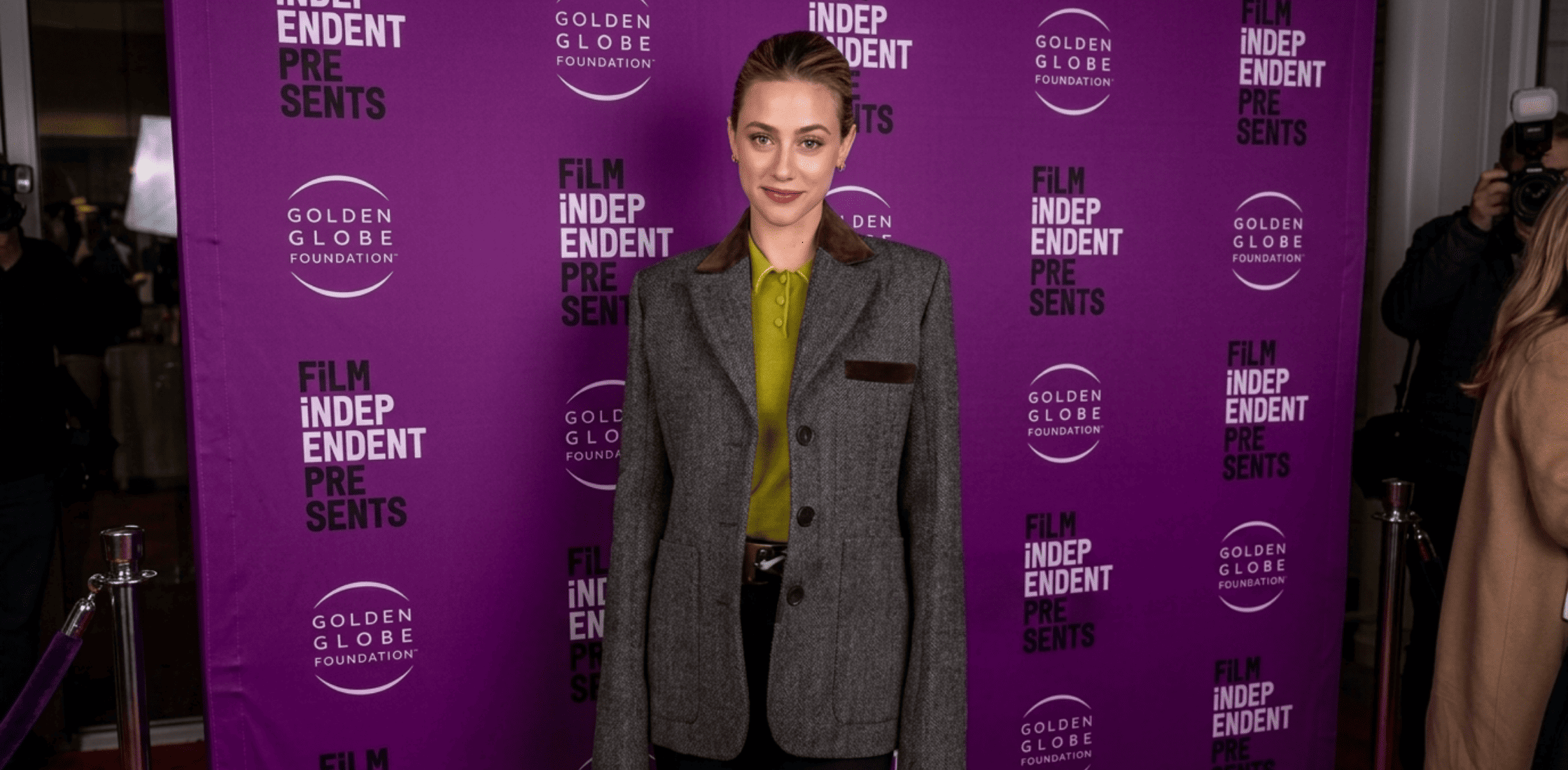 Lili Reinhart Hal & Harper Screening 2026 grey herringbone blazer with velvet collar