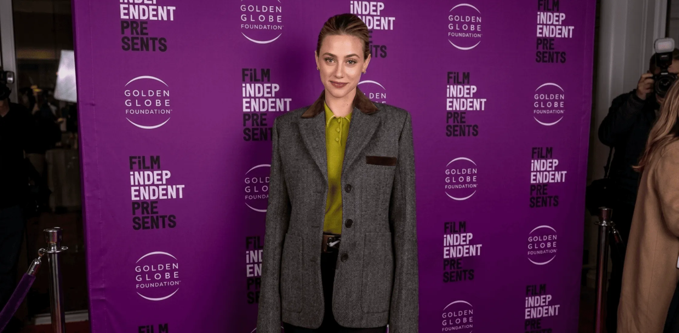 Lili Reinhart Hal & Harper Screening 2026 grey herringbone blazer with velvet collar