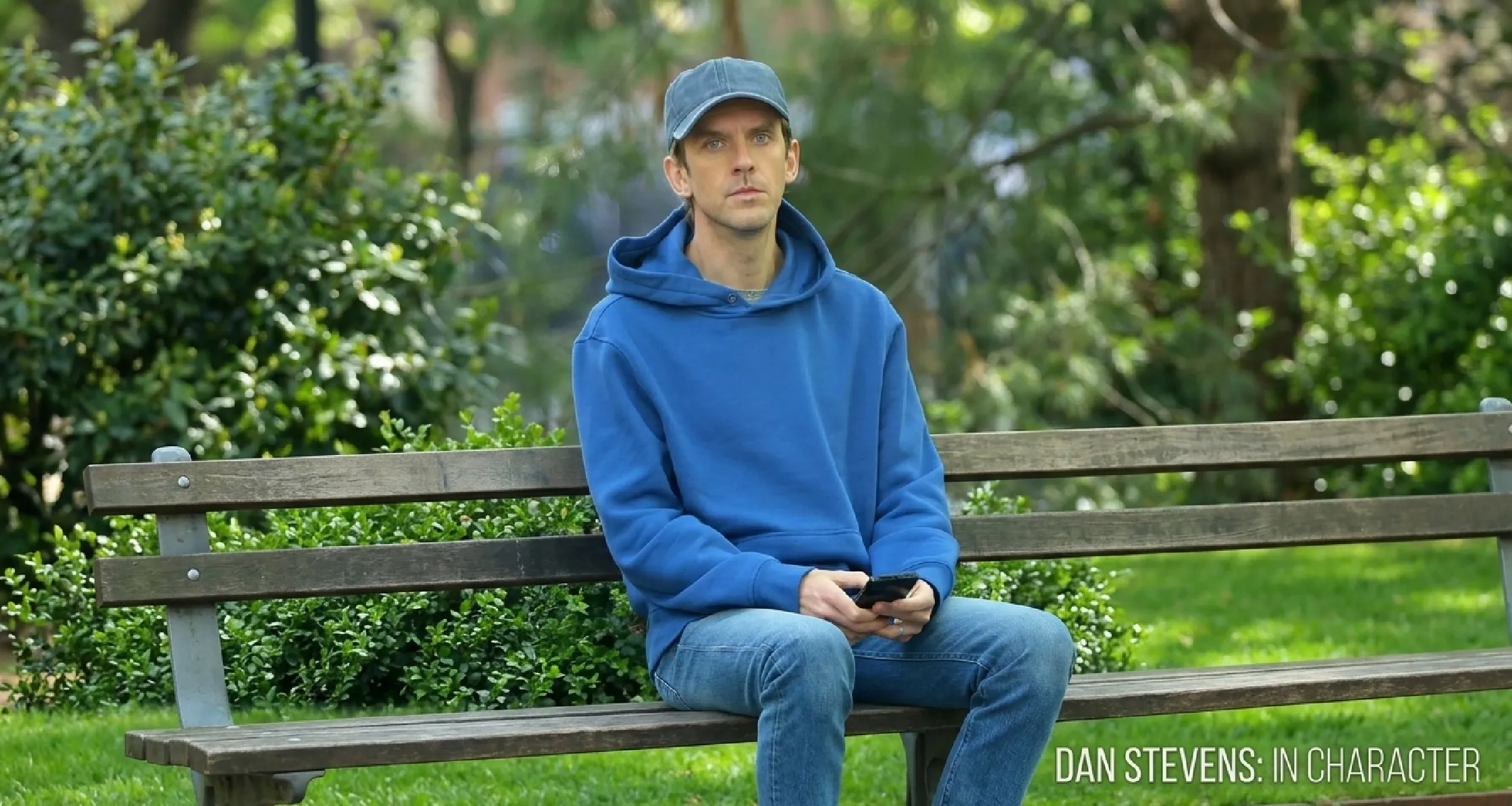 Dan Stevens Dexter Resurrection blue oversized hoodie in Washington Square Park NYC 2026