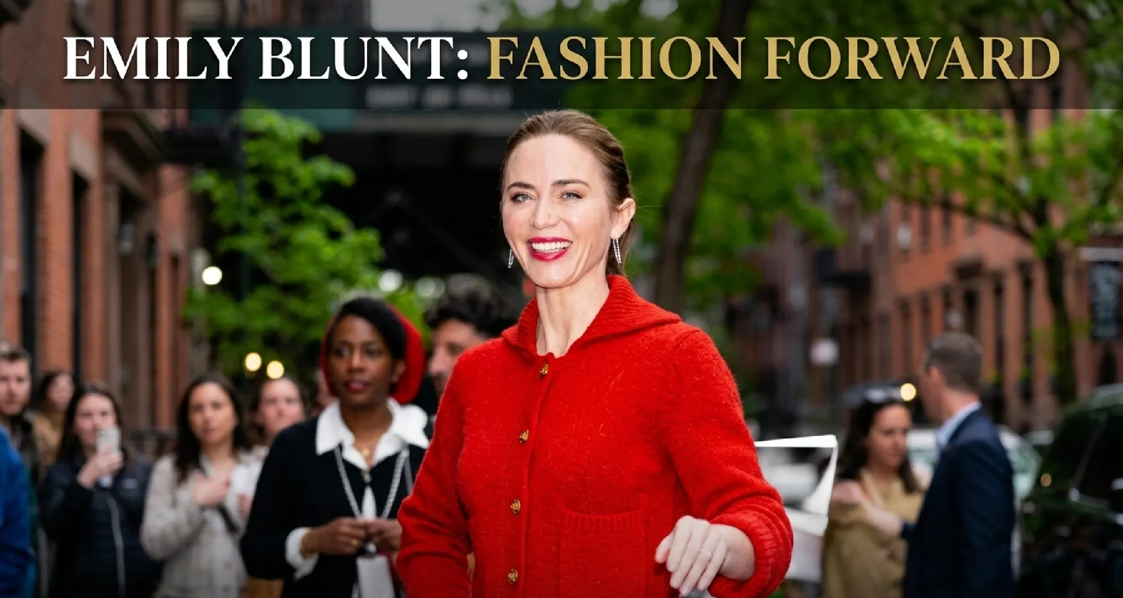 Emily Blunt red cardigan The Devil Wears Prada 2 NYC 2026 cherry red V-neck button-down cardigan