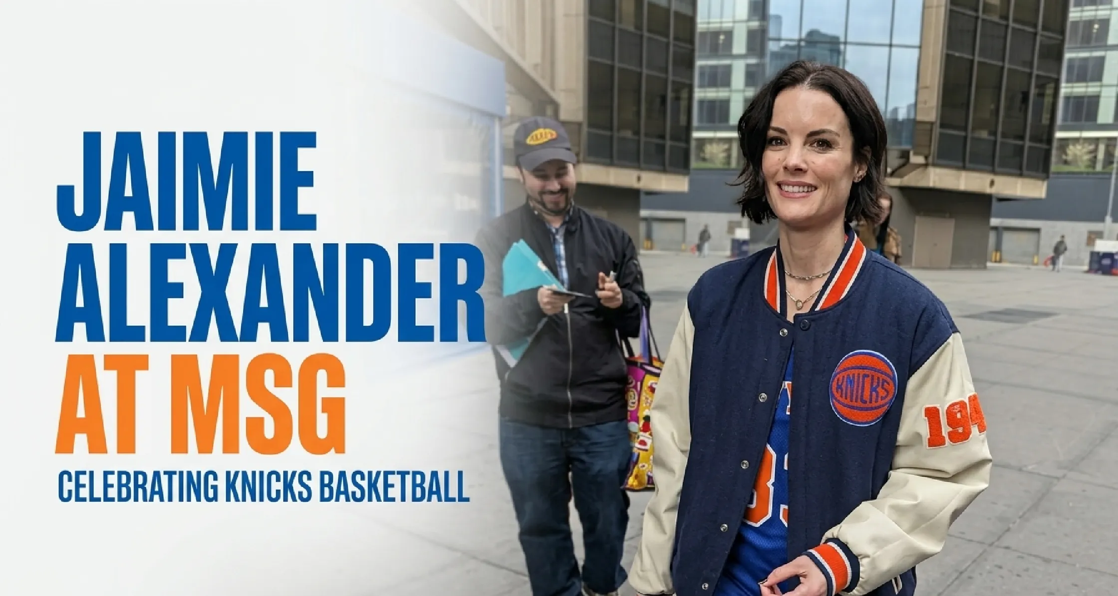 Jaimie Alexander navy and cream varsity jacket Madison Square Garden NYC 2026 Knicks style bomber jacket
