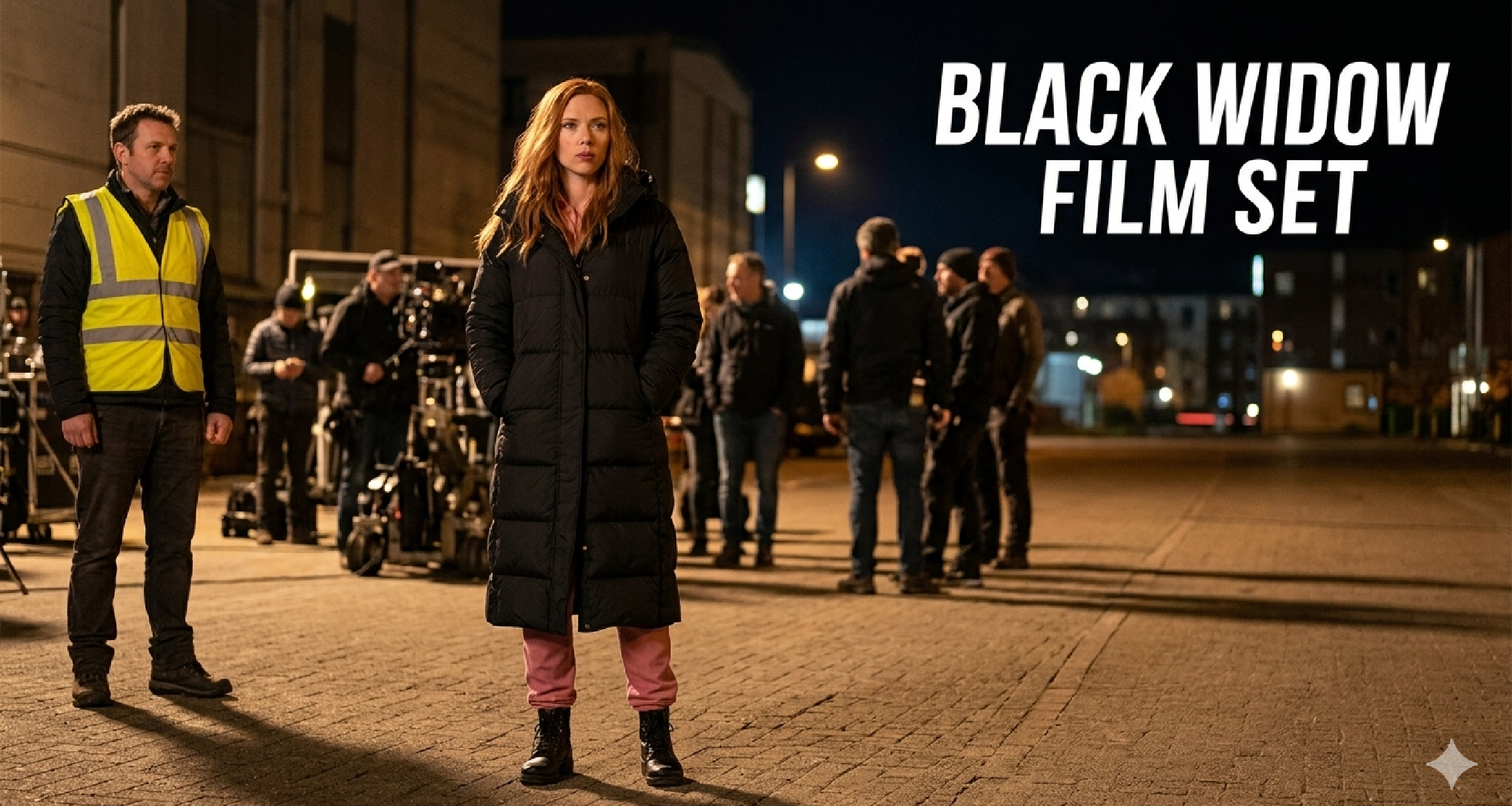 Scarlett Johansson The Exorcist NYC 2026 navy blue long puffer coat double breasted winter overcoat