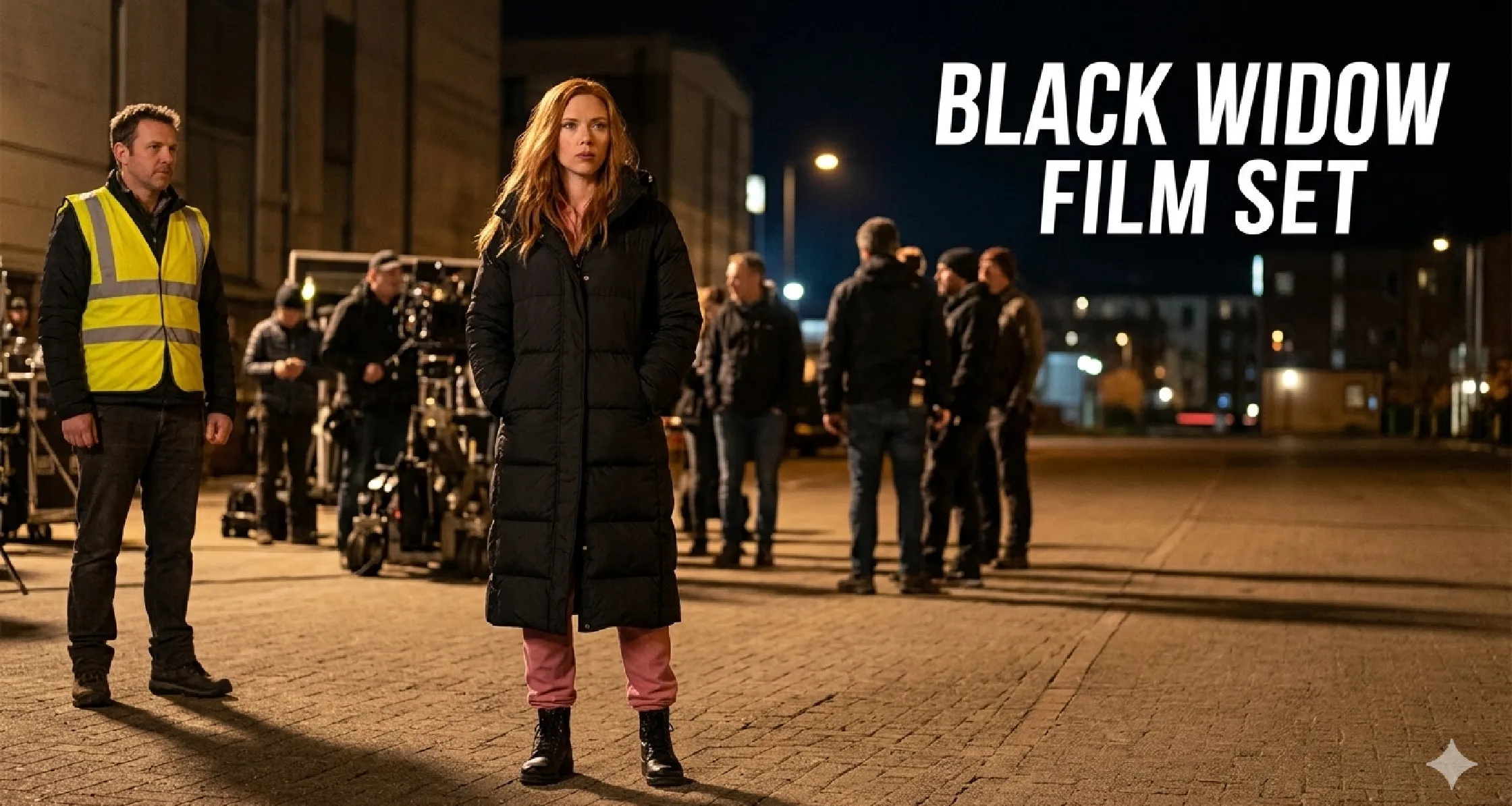 Scarlett Johansson The Exorcist NYC 2026 navy blue long puffer coat double breasted winter overcoat