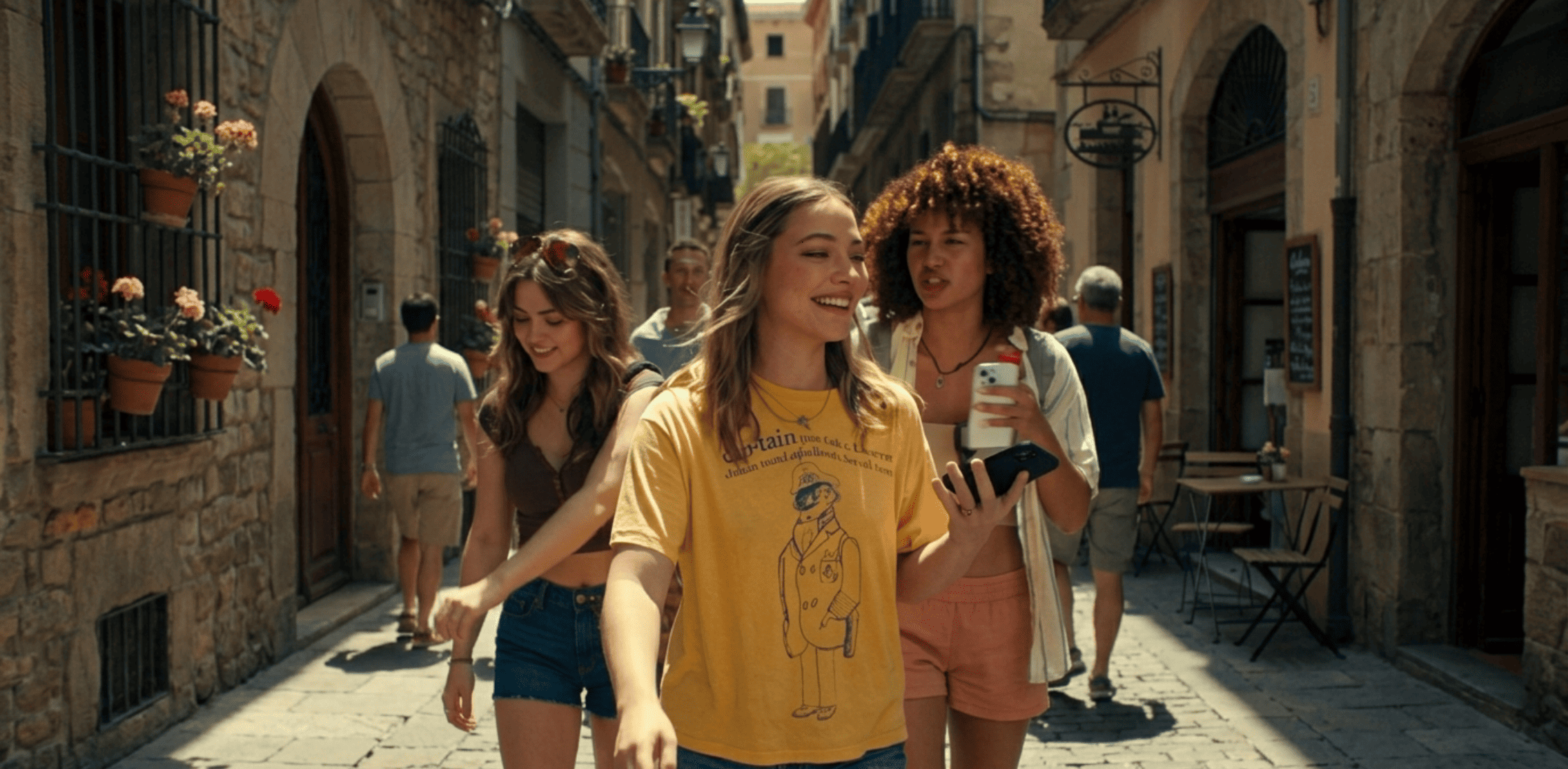 Heather yellow Madelyn Cline Sailing Captain T-shirt featuring a vintage nautical figurehead illustration, styled with denim for a relaxed coastal look