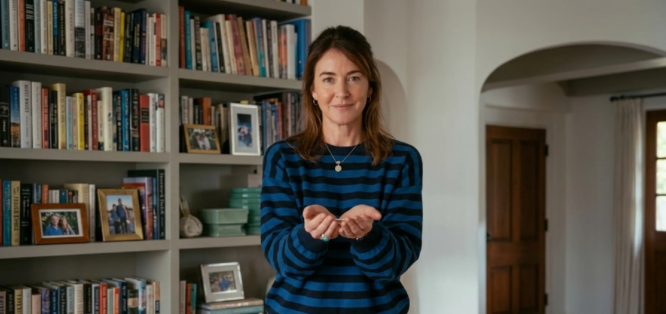Shrinking Season 3 Christa Miller blue striped oversized sweatshirt with navy and royal Breton stripes, crew neck and ribbed cuffs