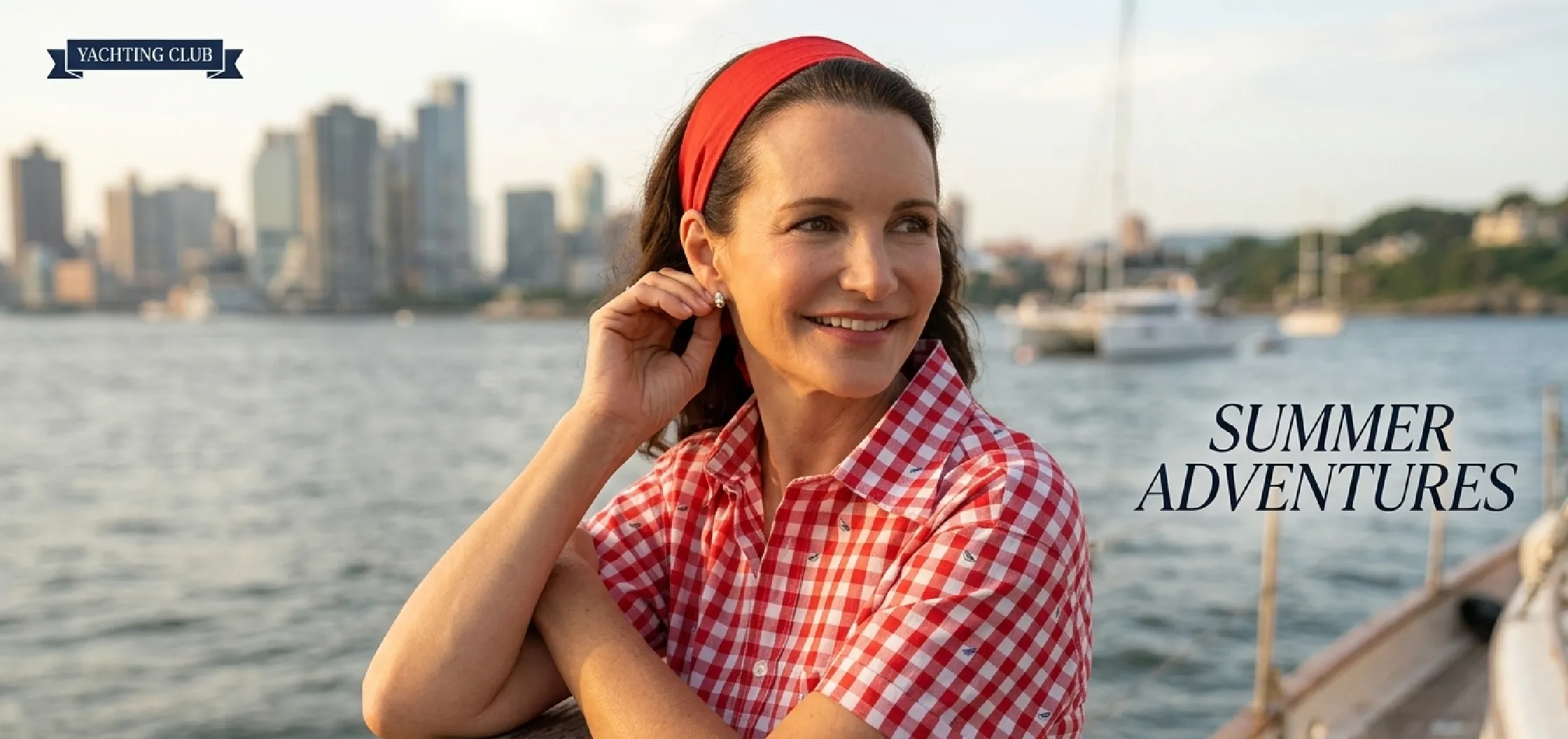 Kristin Davis as Charlotte York wearing a red and white gingham short-sleeve shirt in And Just Like That Season 3 Episode 3x05, styled with preppy coastal elegance