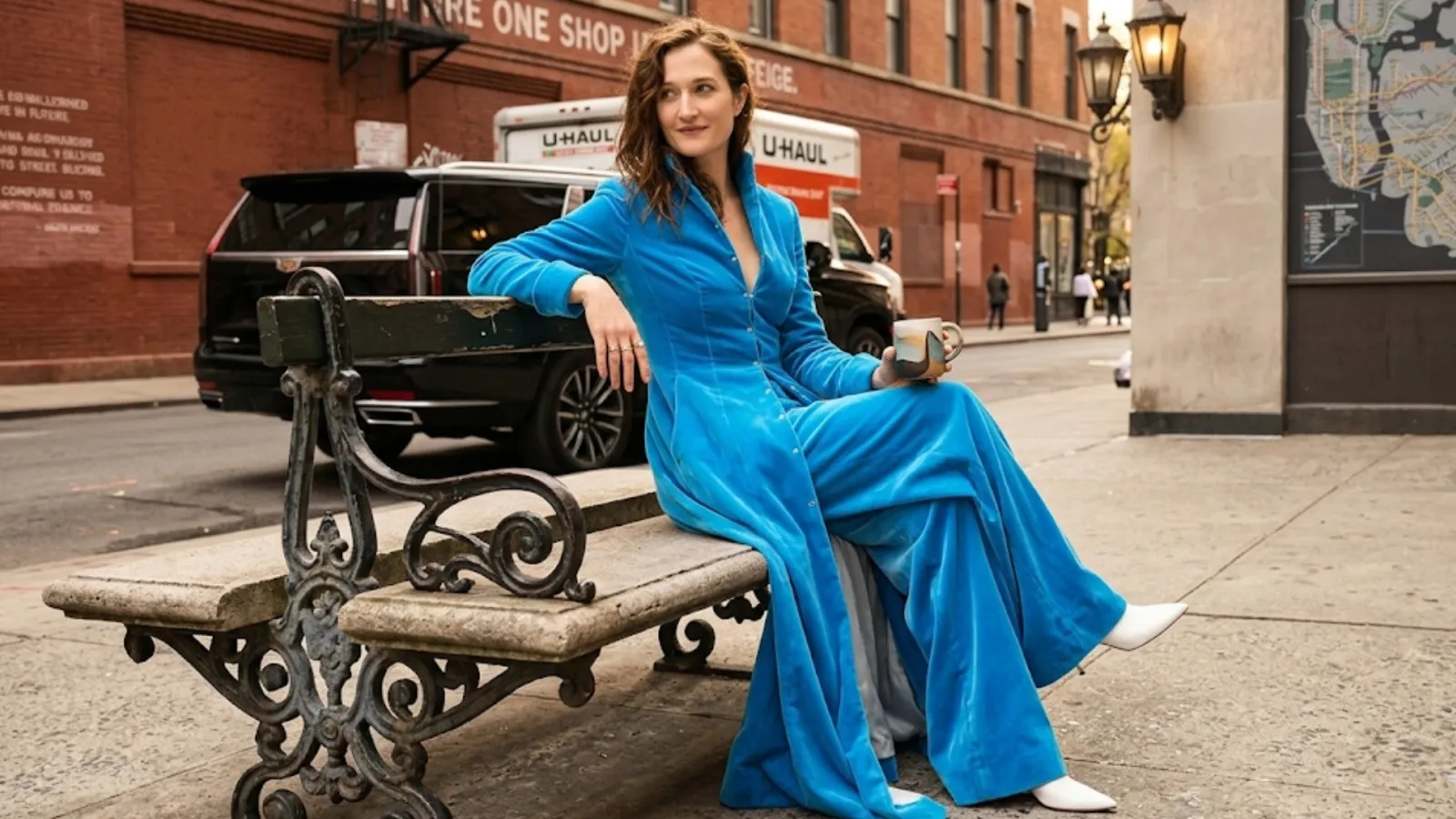 Grace Gummer blue velvet floor-length structured longline coat with hook closure and stand-up collar NYC 2026 look