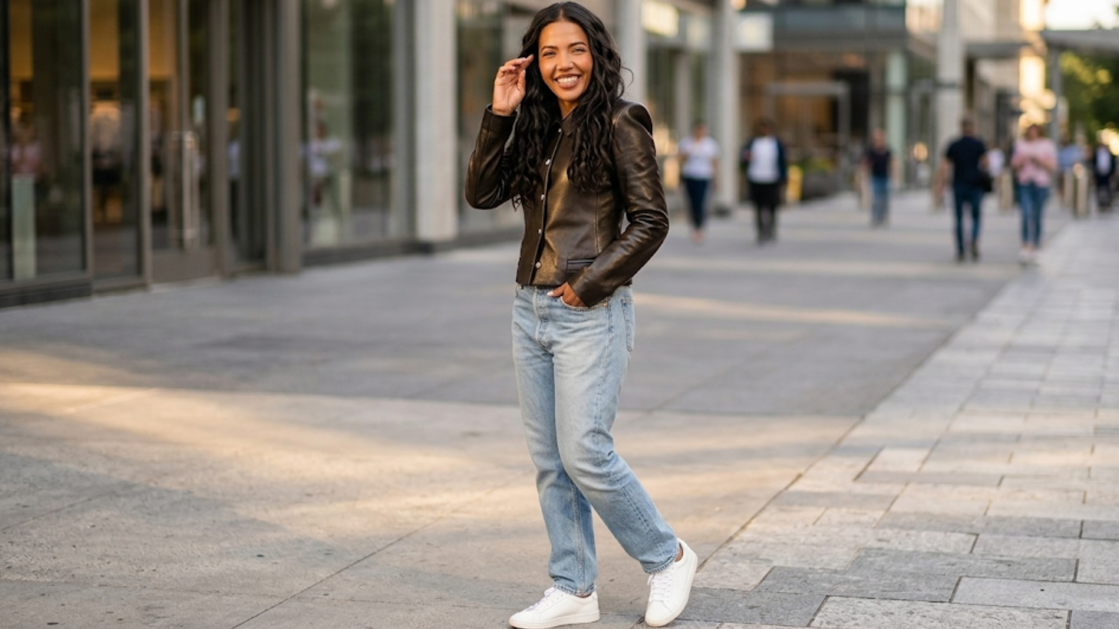 Emma Grede NYC 2026 black sculpted leather jacket with structured shoulders and cinched waist power-dressing style