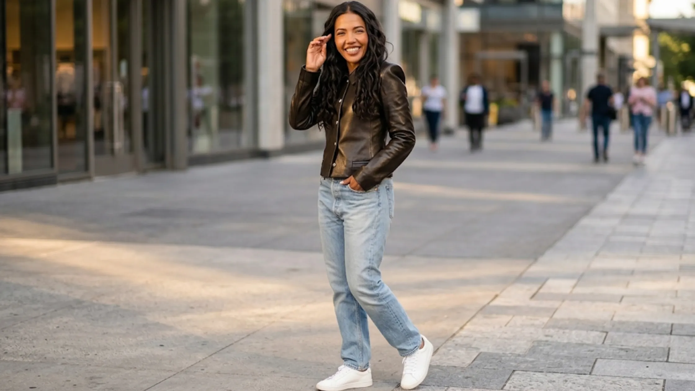 Emma Grede NYC 2026 black sculpted leather jacket with structured shoulders and cinched waist power-dressing style