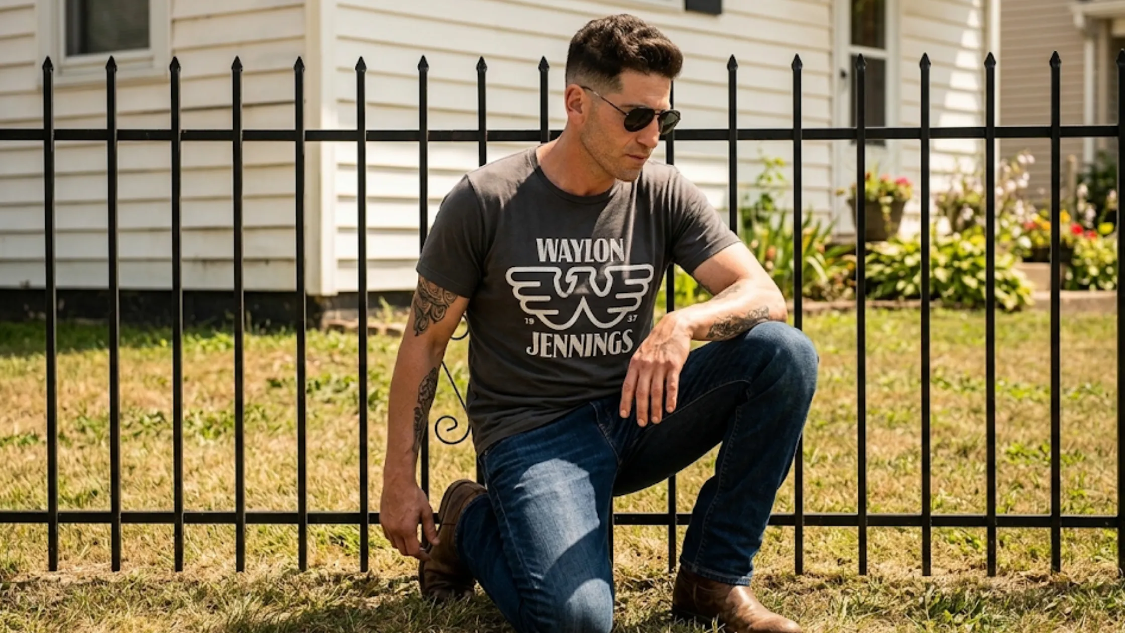 The Accountant 2 Jon Bernthal Waylon Jennings graphic black T-shirt with vintage retro Americana print