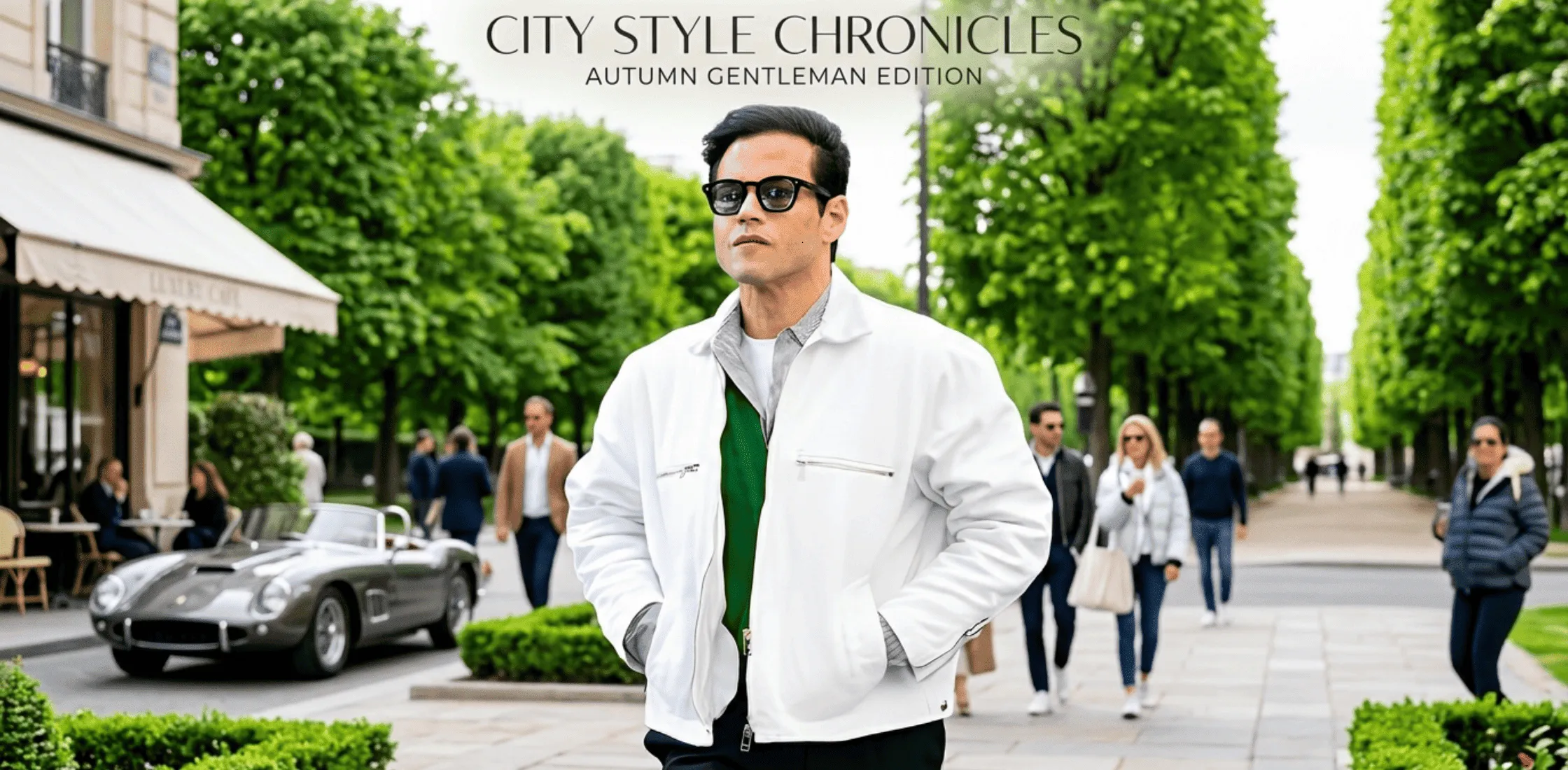 Rami Malek wearing a white zip-up Harrington-style jacket on the Upper East Side, styled with layered knitwear, tailored black trousers, and black sunglasses for a modern NYC street-luxury look.