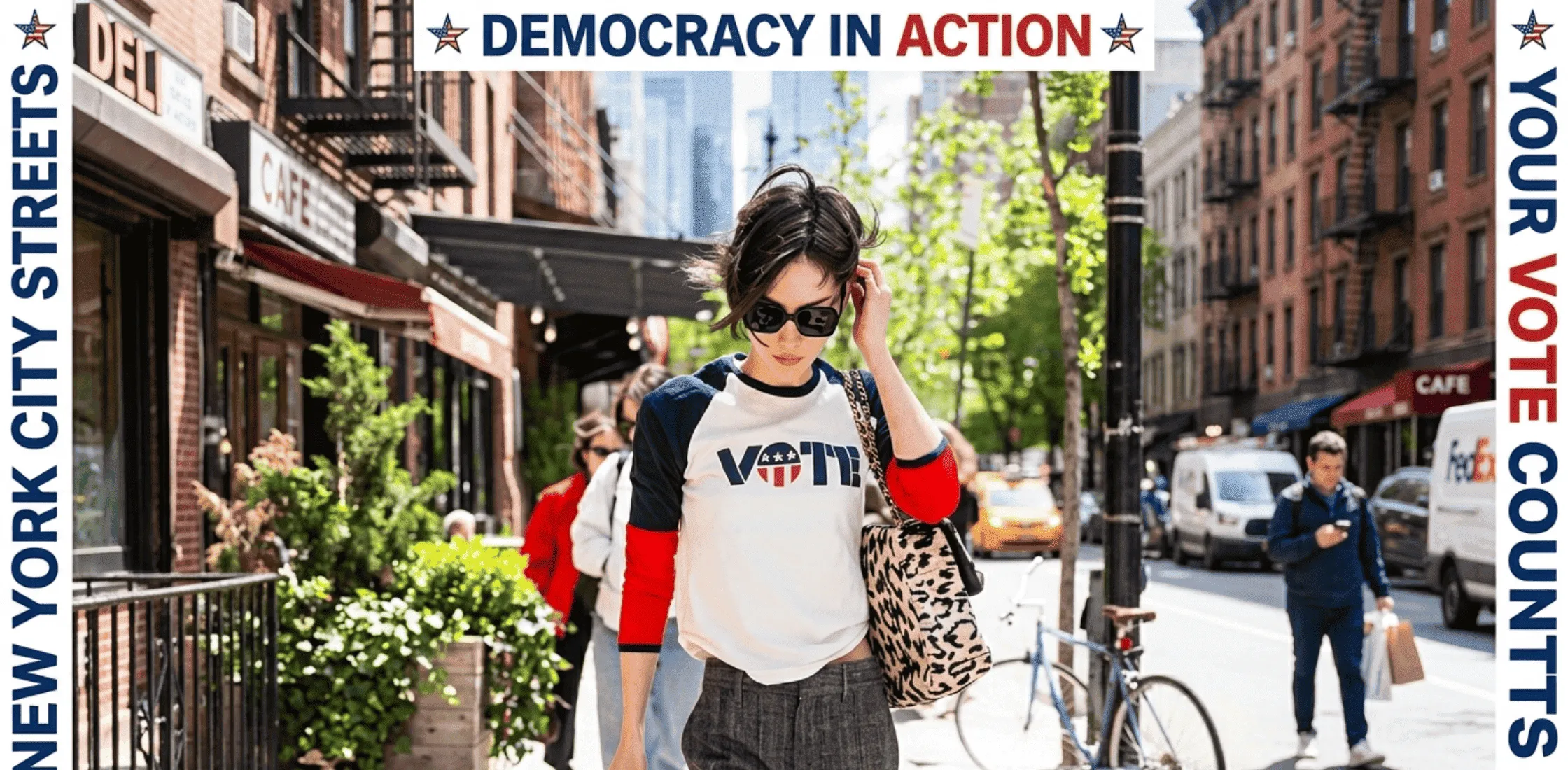 Gracie Abrams Tribeca NYC 2026 “VOTE” raglan T-shirt outfit with navy-red sleeves, tailored trousers, and Chanel leopard bag street style