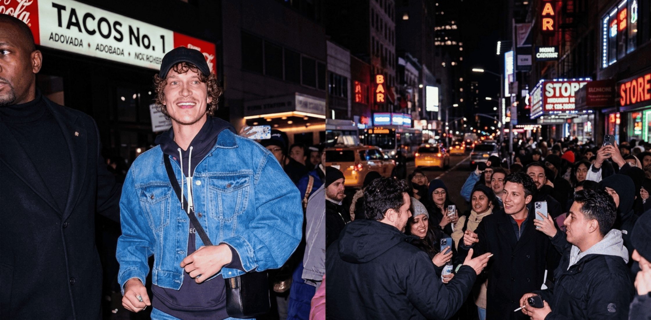 Connor Storrie wearing a medium-wash indigo cropped denim jacket layered over a navy hoodie, styled with straight-leg denim jeans, black crossbody bag, and baseball cap at a New York City after-party in 2026, showcasing modern streetwear luxury.
