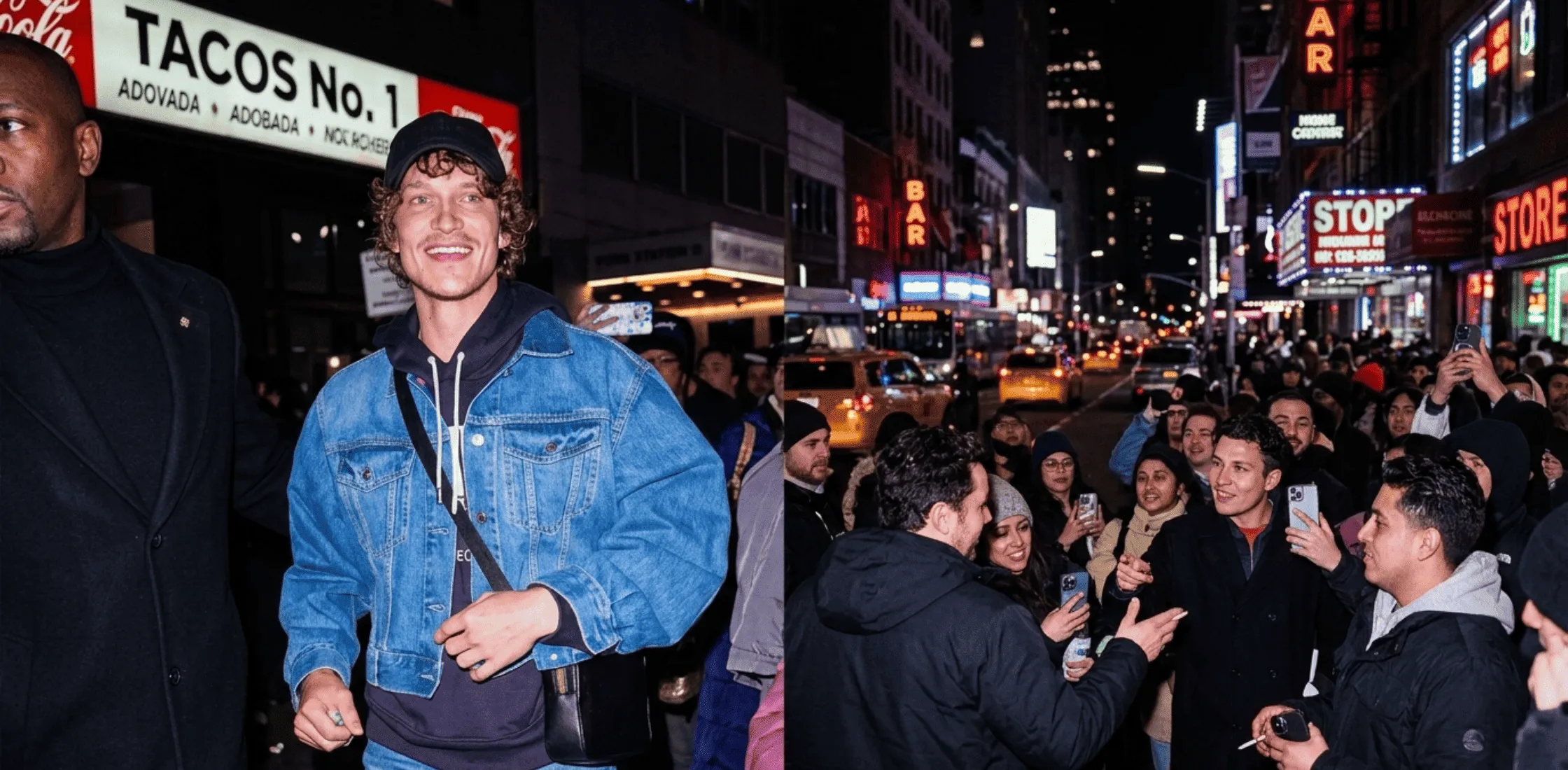 Connor Storrie wearing a medium-wash indigo cropped denim jacket layered over a navy hoodie, styled with straight-leg denim jeans, black crossbody bag, and baseball cap at a New York City after-party in 2026, showcasing modern streetwear luxury.