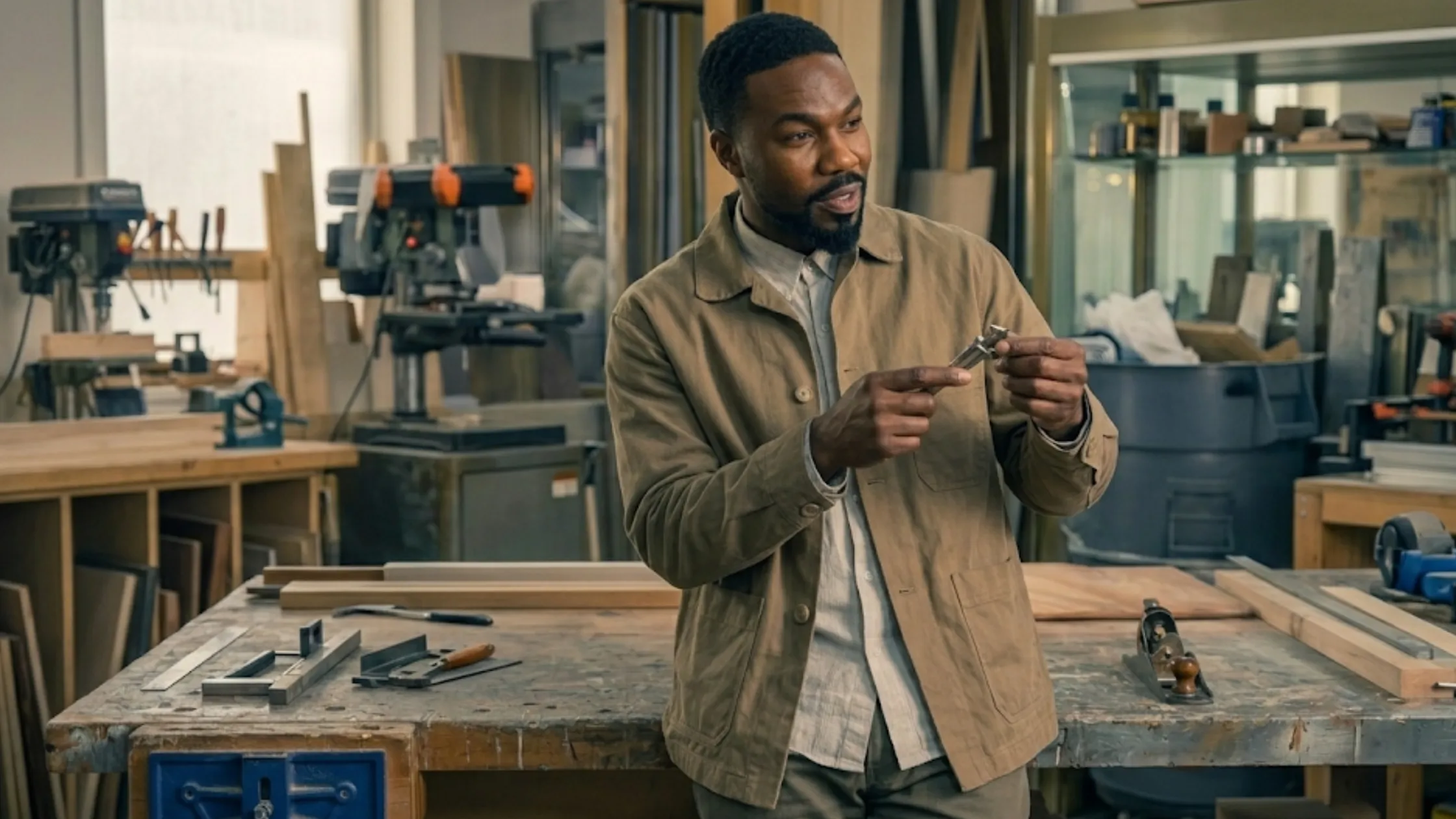 Man on Fire 2026 John Creasy brown cotton canvas field jacket with shirt collar, button front closure, and utility patch pocket