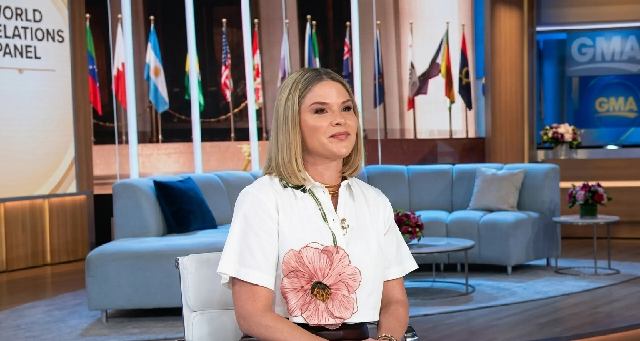 Jenna Bush Hager wearing white floral applique cropped shirt on The Today Show