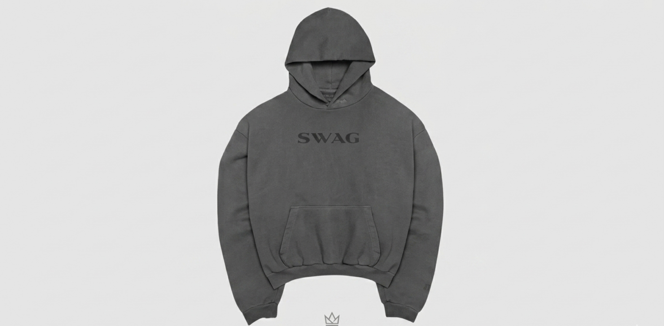 “Justin Bieber SWAG Coachella 2026 oversized hoodie in charcoal grey with faded wash, featuring tonal ‘SWAG’ chest print, boxy silhouette, dropped shoulders, and minimalist streetwear design.”