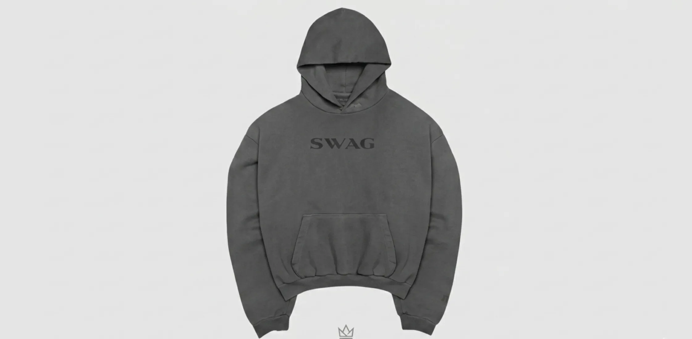 “Justin Bieber SWAG Coachella 2026 oversized hoodie in charcoal grey with faded wash, featuring tonal ‘SWAG’ chest print, boxy silhouette, dropped shoulders, and minimalist streetwear design.”