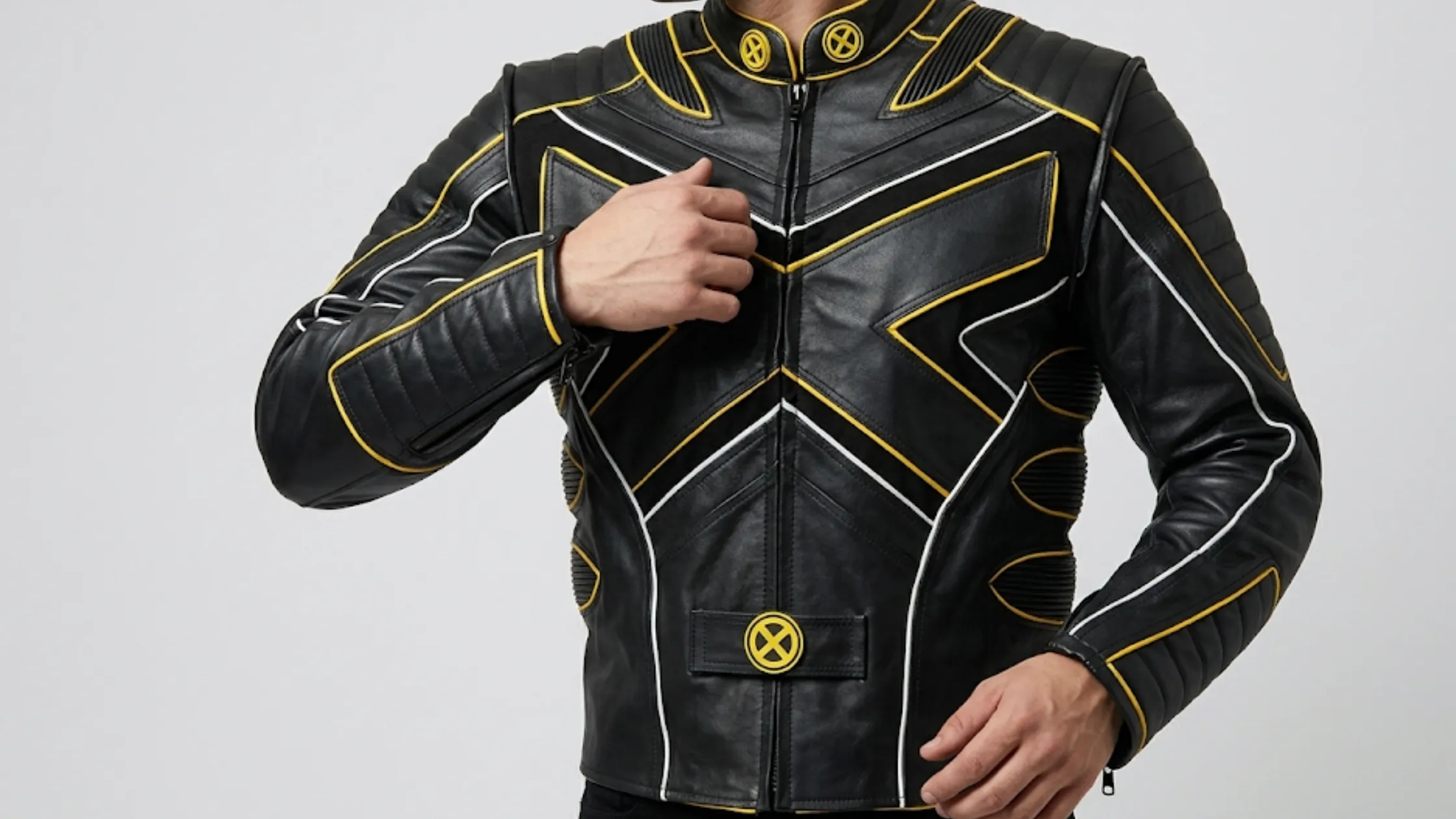X-Men The Last Stand Wolverine black biker leather jacket with yellow piping, quilted shoulders, and superhero-inspired detailing