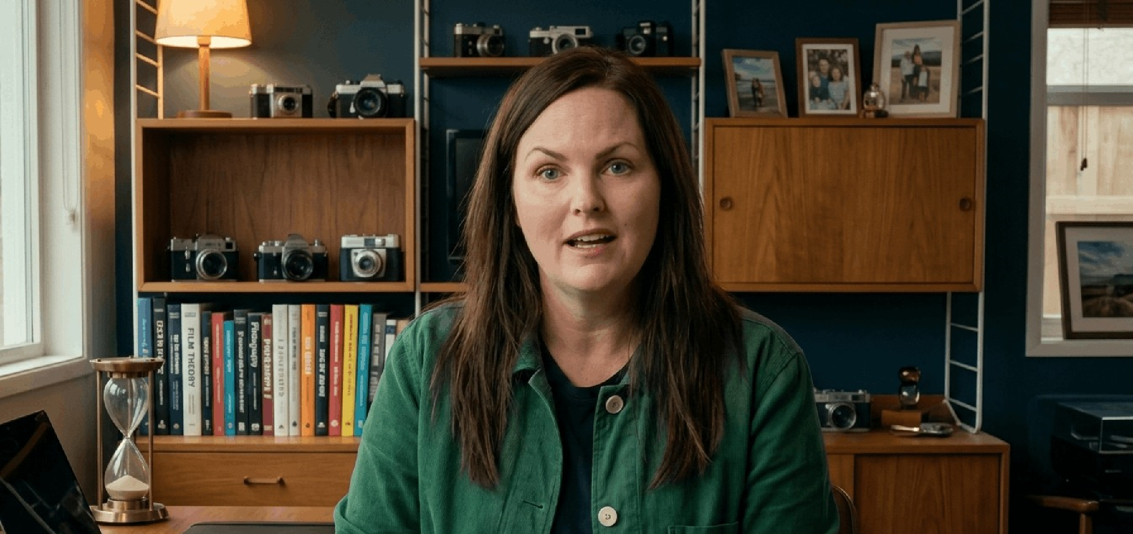 Little Disasters S01 Jo Joyner wearing green button-down shacket with pointed collar and patch pockets in workwear style
