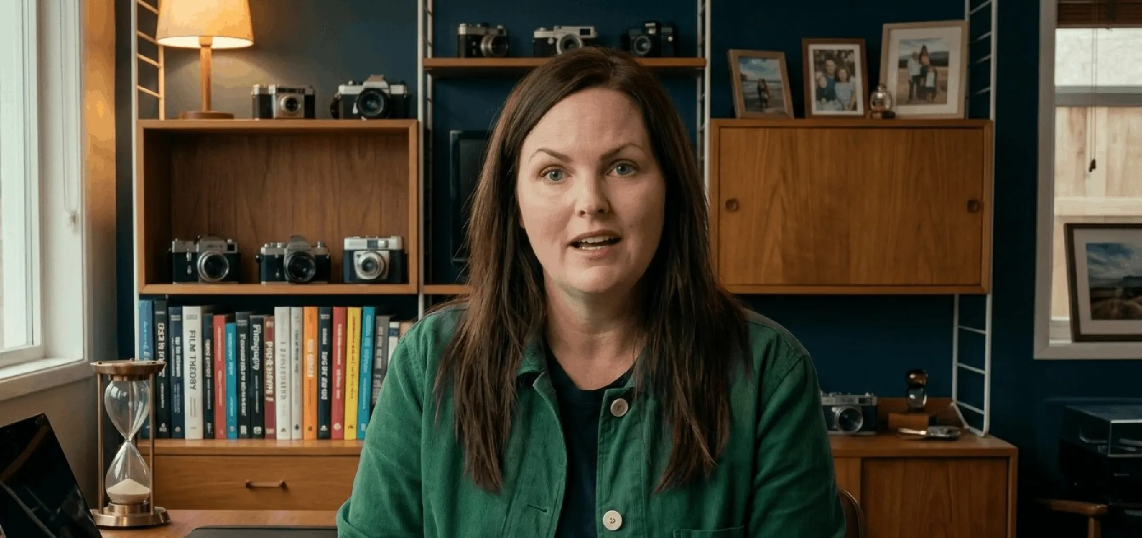 Little Disasters S01 Jo Joyner wearing green button-down shacket with pointed collar and patch pockets in workwear style