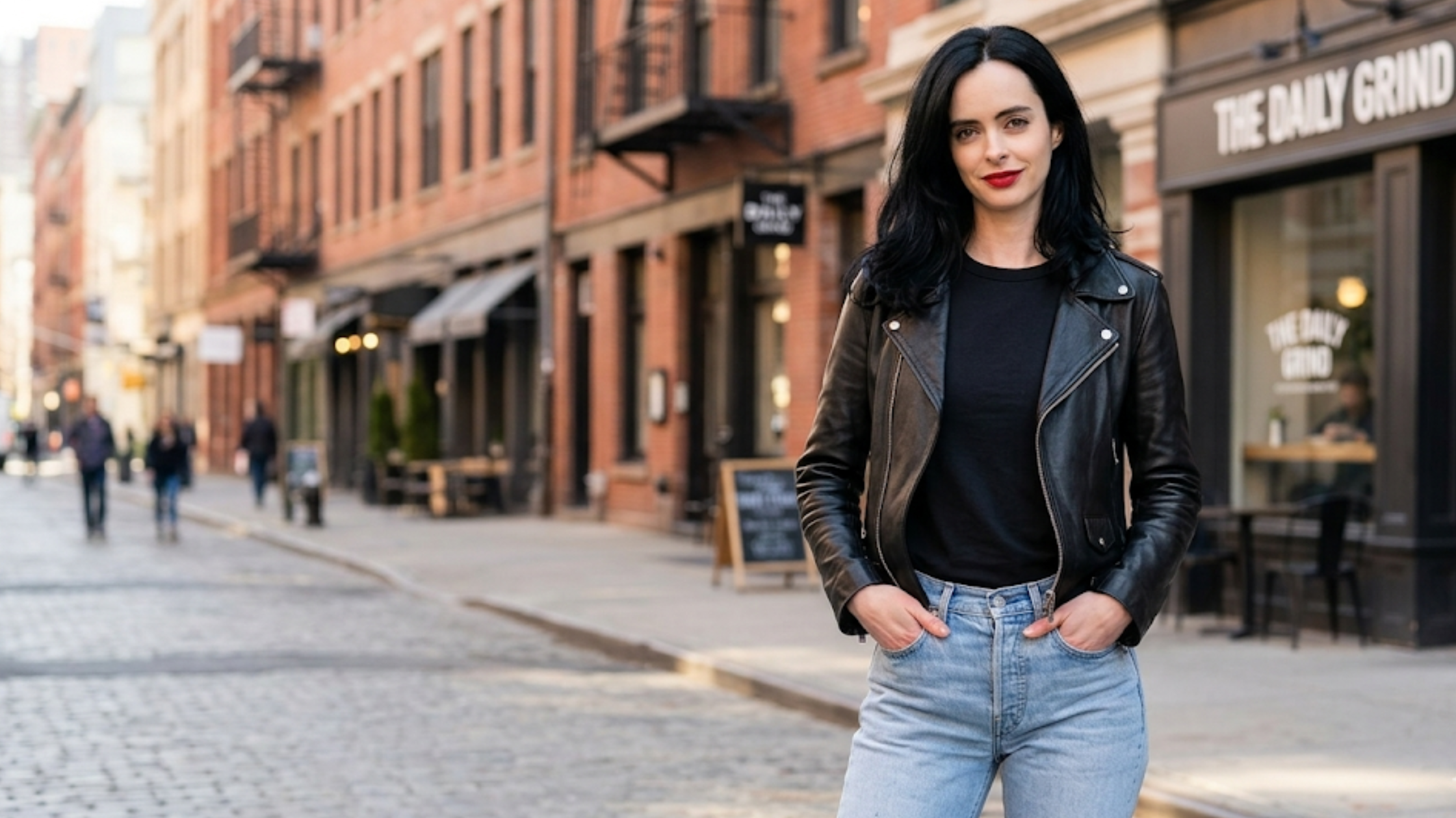 Krysten Ritter Daredevil Born Again black biker leather jacket with asymmetrical zip, snap lapels, and slim-fit moto design